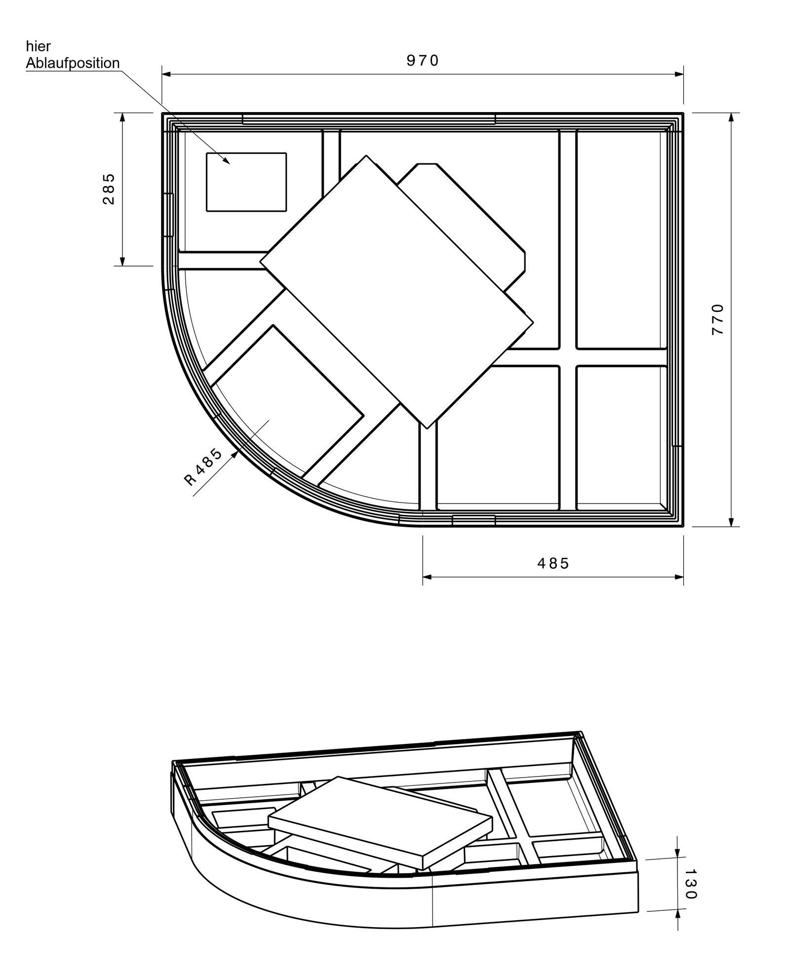 Poresta Duschwannenträger Expert Zirkon für 1000 x 800 x 35 mm, 1/4-Kreis, Höhe 130 mm