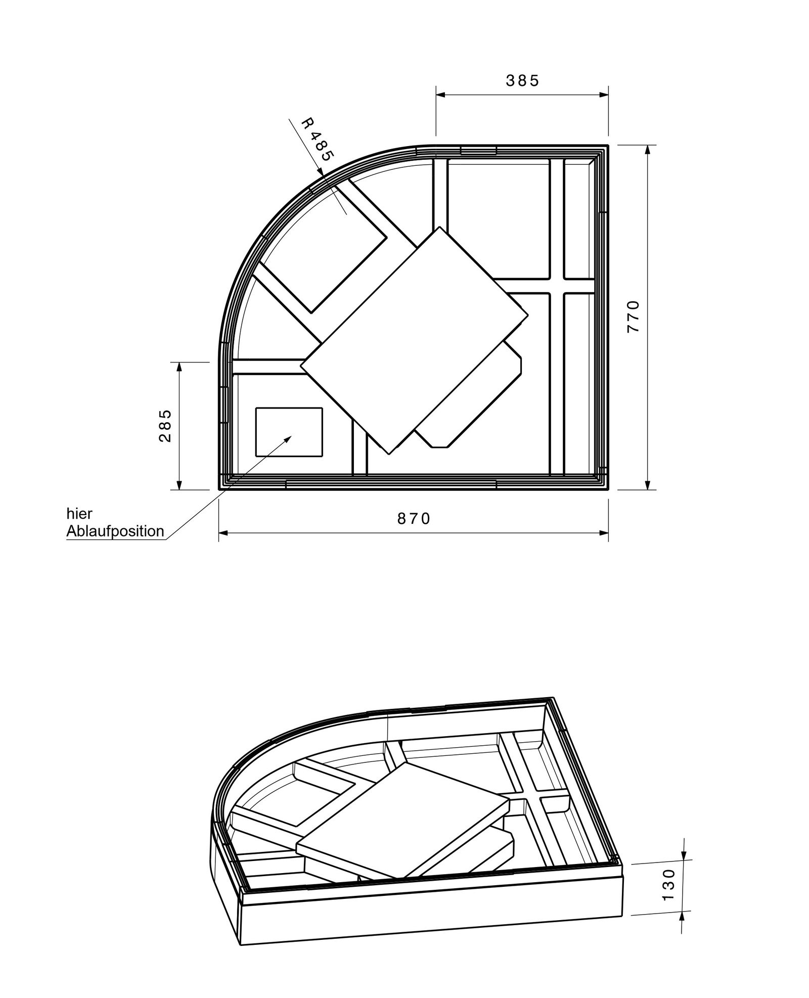 Poresta Duschwannenträger Expert Zirkon für 800 x 900 x 35 mm, 1/4-Kreis, Höhe 130 mm