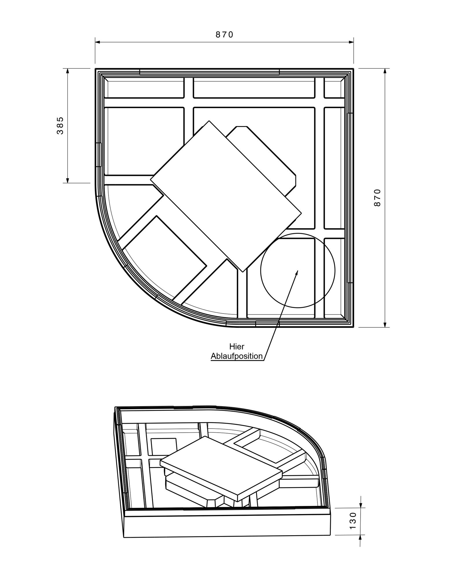 Poresta Duschwannenträger Expert Zirkon für 900 x 900 x 35 mm, 1/4-Kreis, Höhe 130 mm
