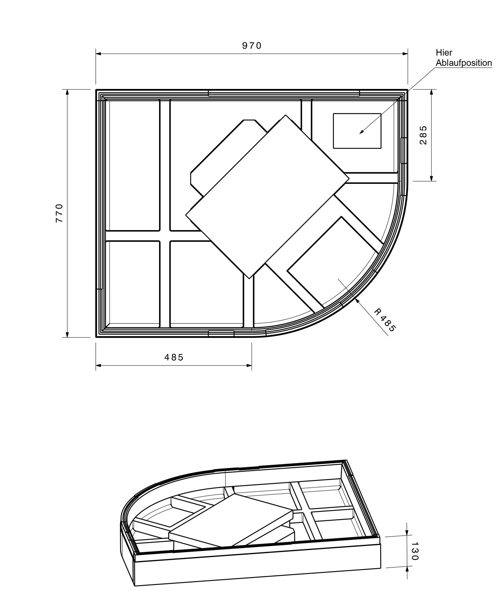 Poresta Duschwannenträger Expert Zirkon für 800 x 1000 x 35 mm, 1/4-Kreis, Höhe 130 mm