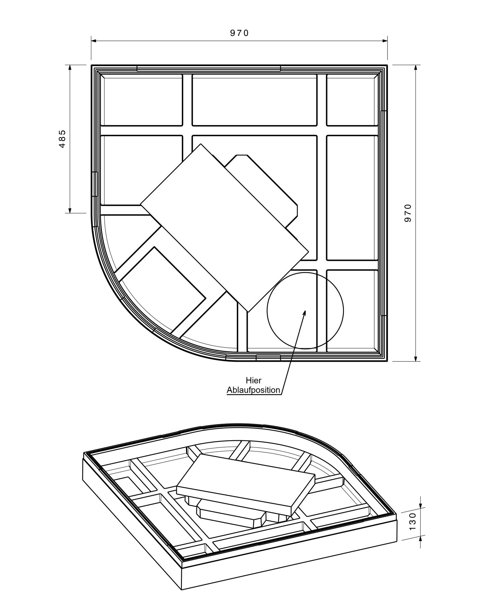Poresta Duschwannenträger Expert Zirkon für 1000 x 1000 x 35 mm, 1/4-Kreis, Höhe 130 mm