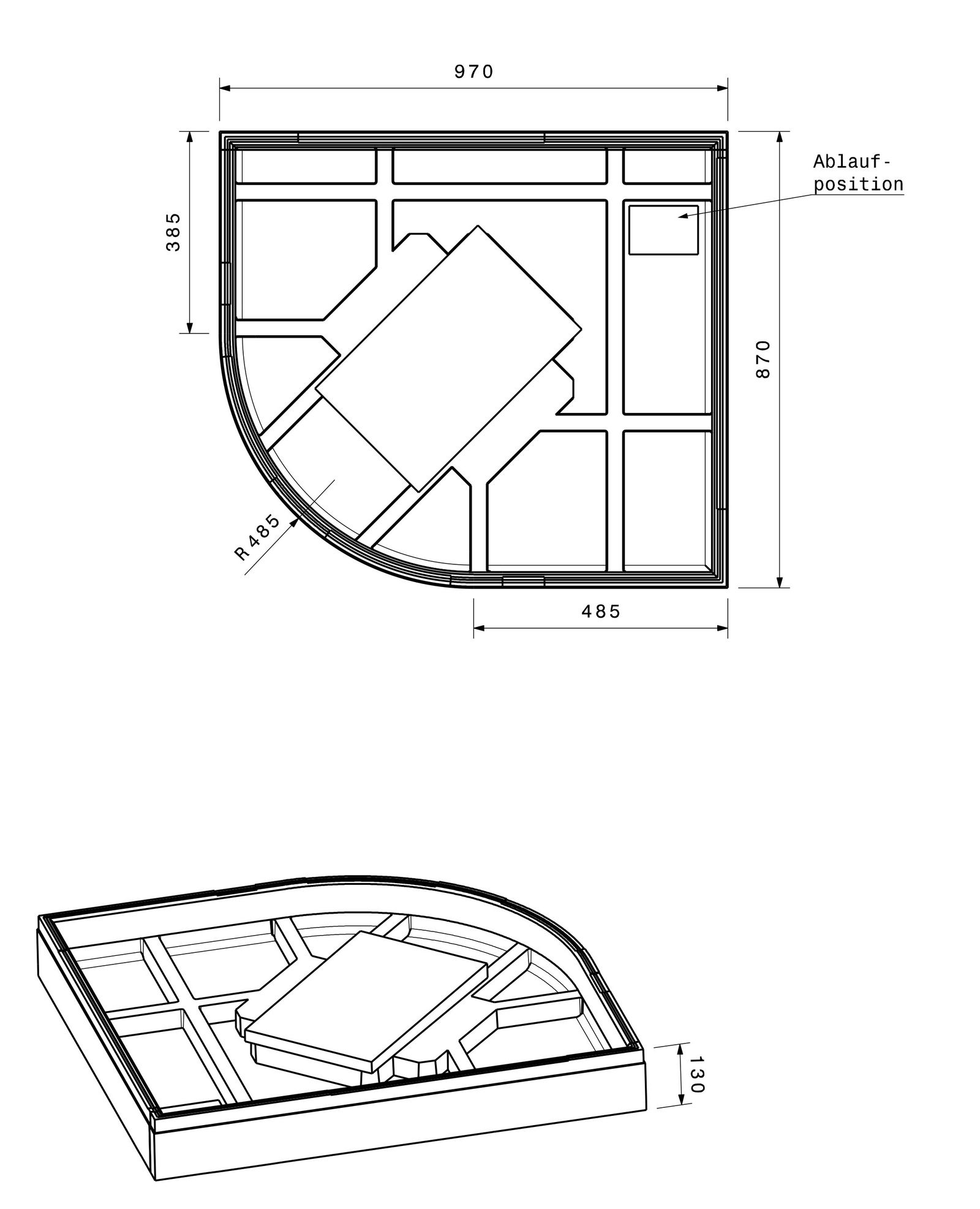 Poresta Duschwannenträger Expert Corner für 1000 x 900 x 35 mm, 1/4-Kreis, Höhe 130 mm