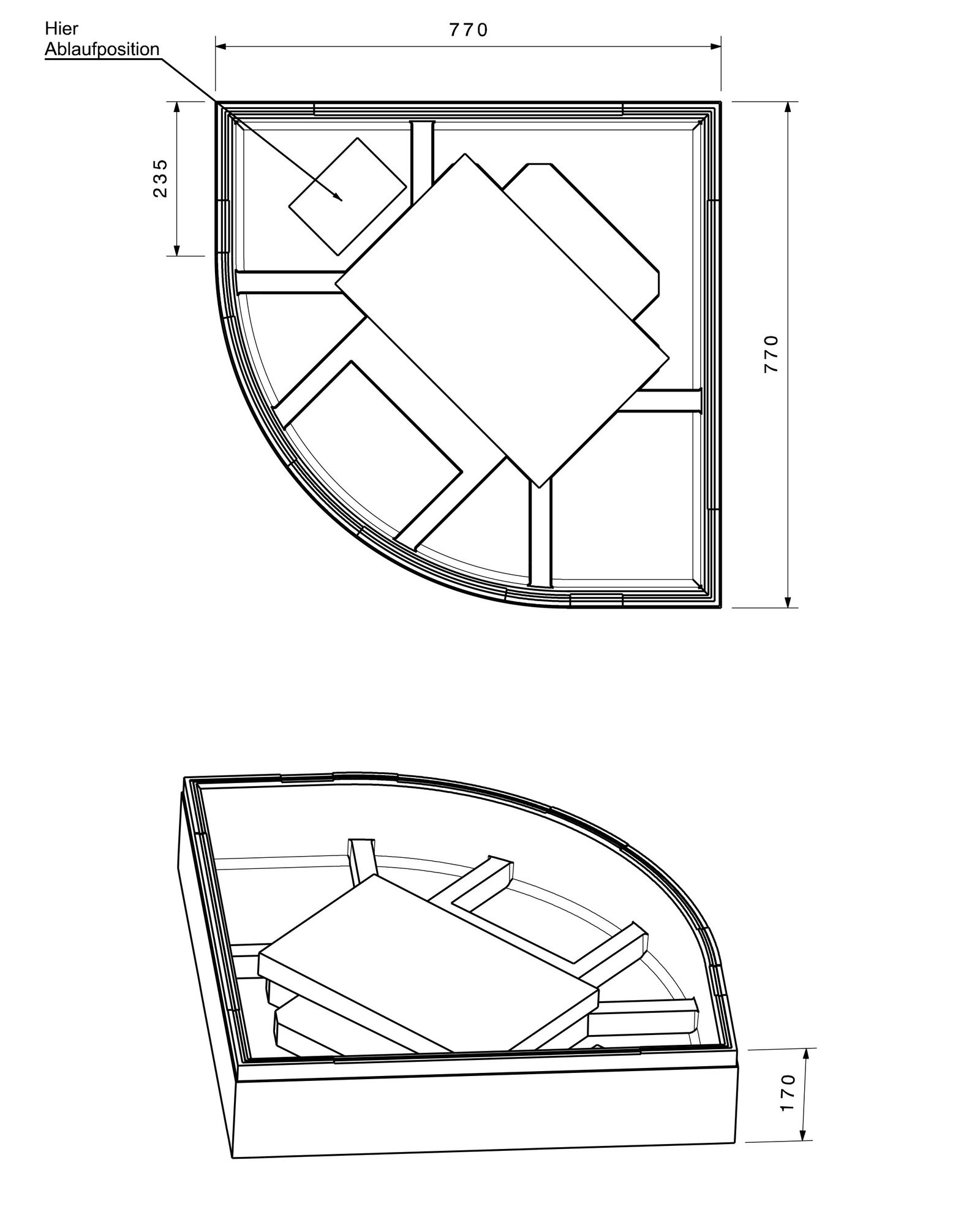 Poresta Duschwannenträger Expert Renova Nr.1 für 800 x 800 x 60 mm, 1/4-Kreis, Höhe 170 mm