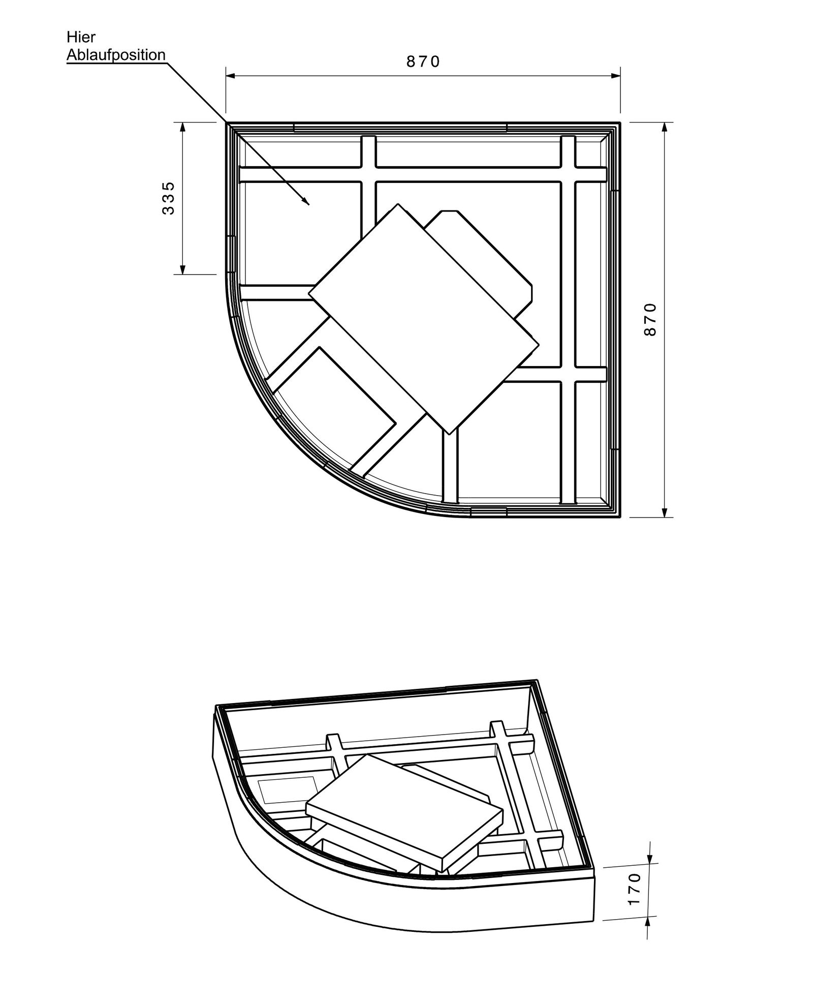 Poresta Duschwannenträger Expert Renova Nr.1 für 900 x 900 x 60 mm, 1/4-Kreis, Höhe 170 mm
