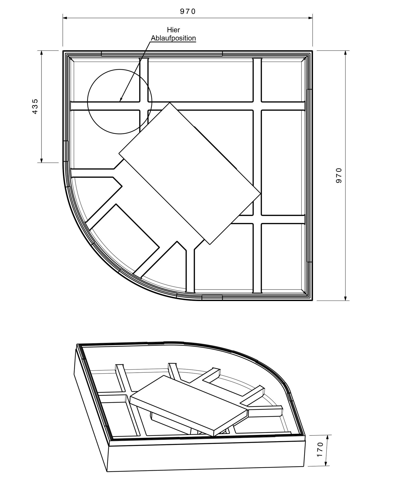 Poresta Duschwannenträger Expert T200 für 1000 x 1000 x 60 mm, 1/4-Kreis, Höhe 170 mm