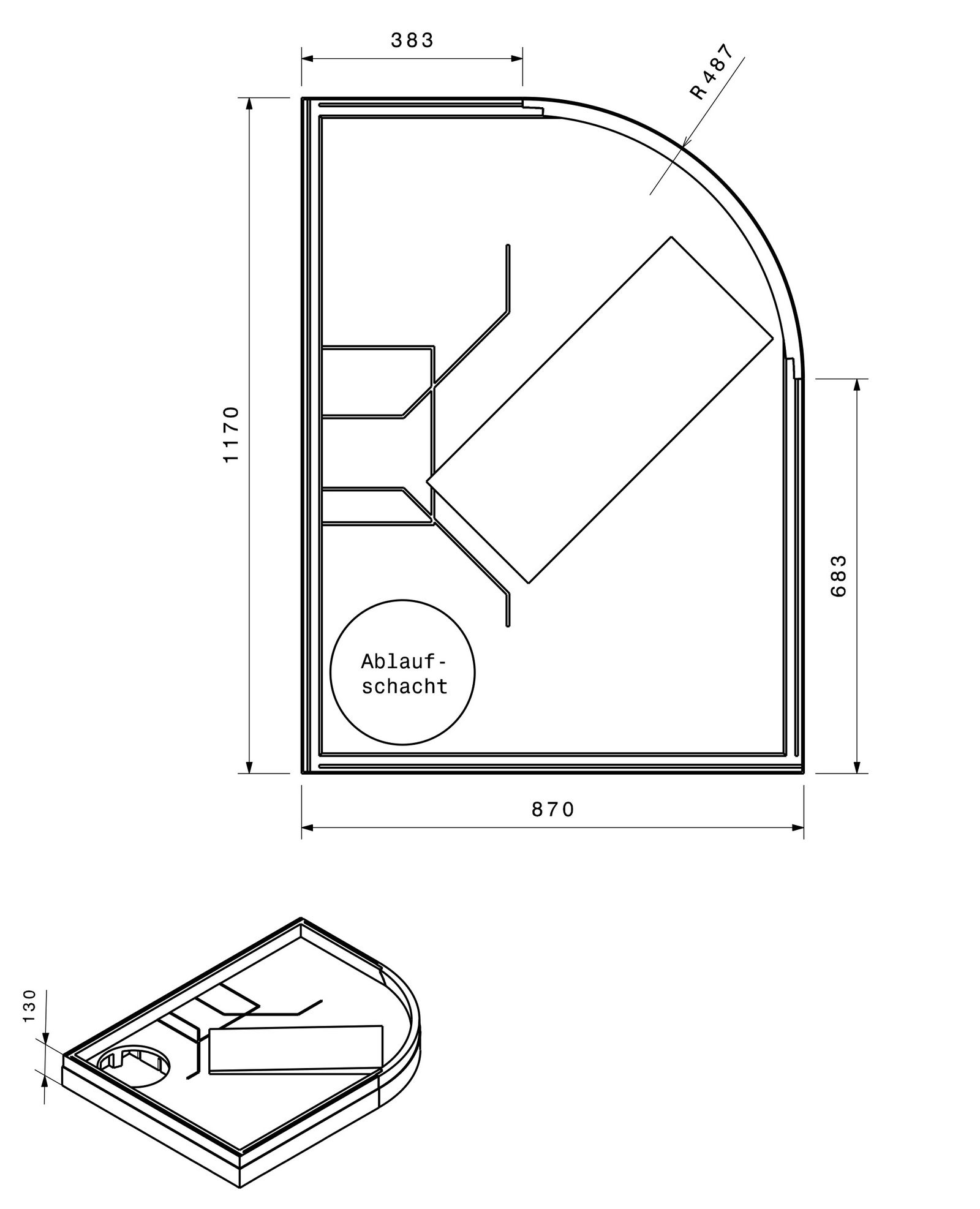 Poresta Duschwannenträger Expert Corner für 900 x 1200 x 35 mm, 1/4-Kreis, Höhe 130 mm