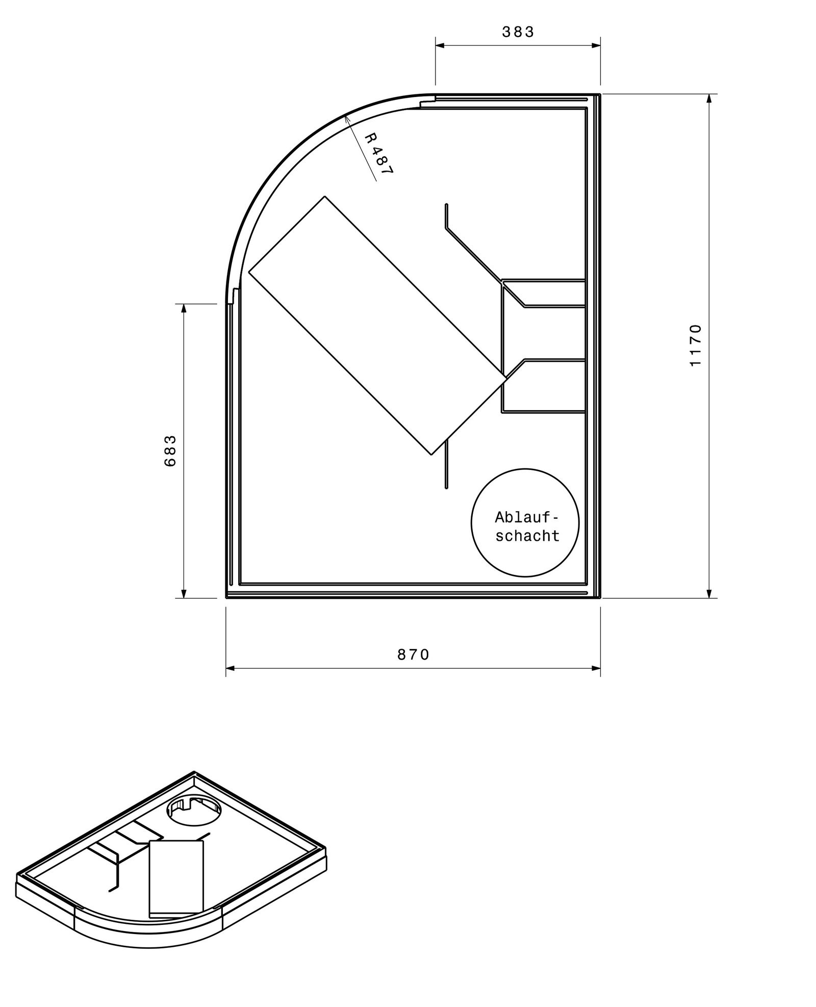 Poresta Duschwannenträger Expert Corner für 1200 x 900 x 35 mm, 1/4-Kreis, Höhe 130 mm