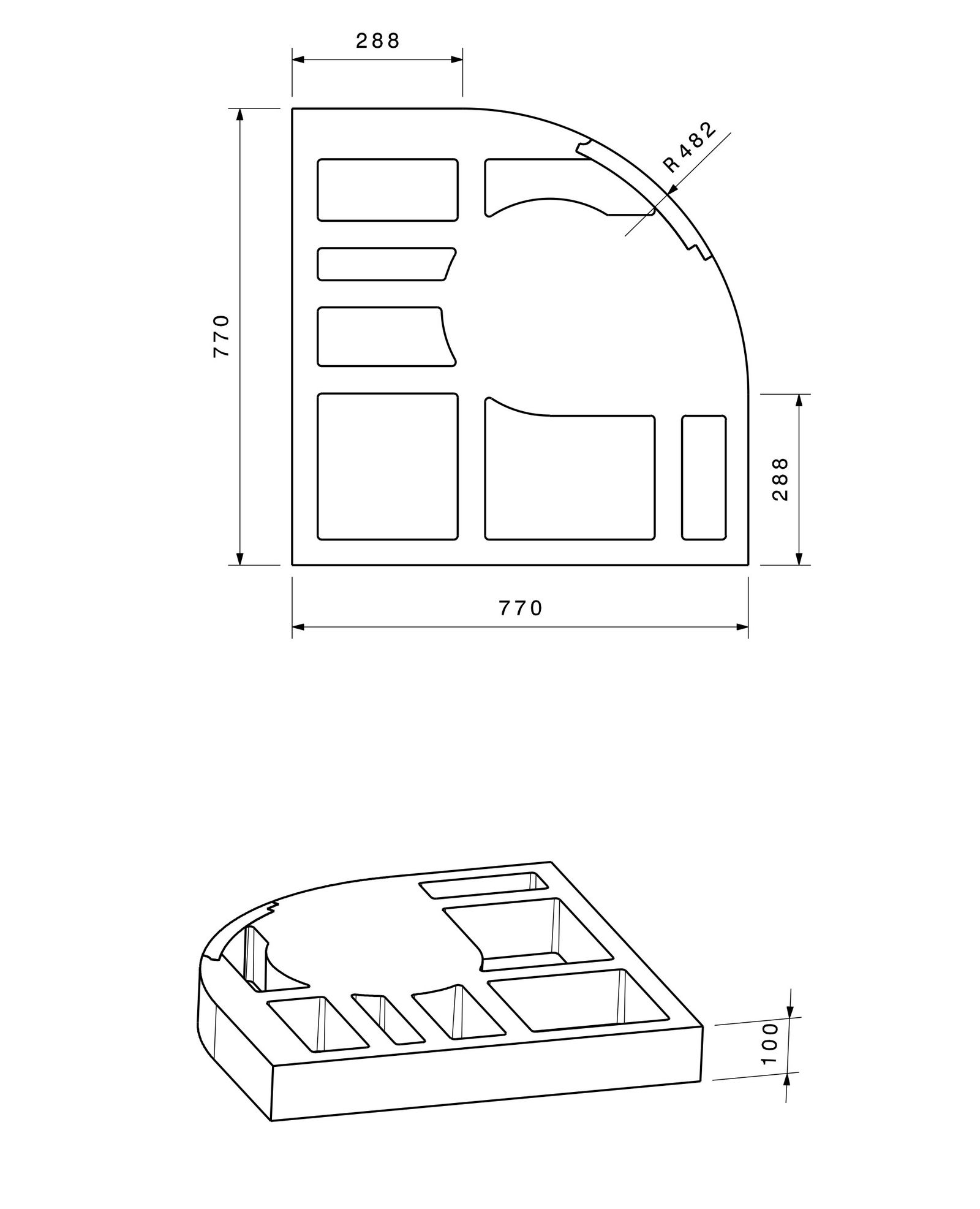 Poresta Duschwannenträger Expert Purano für 800 x 800 mm, 1/4-Kreis, Höhe 105 mm
