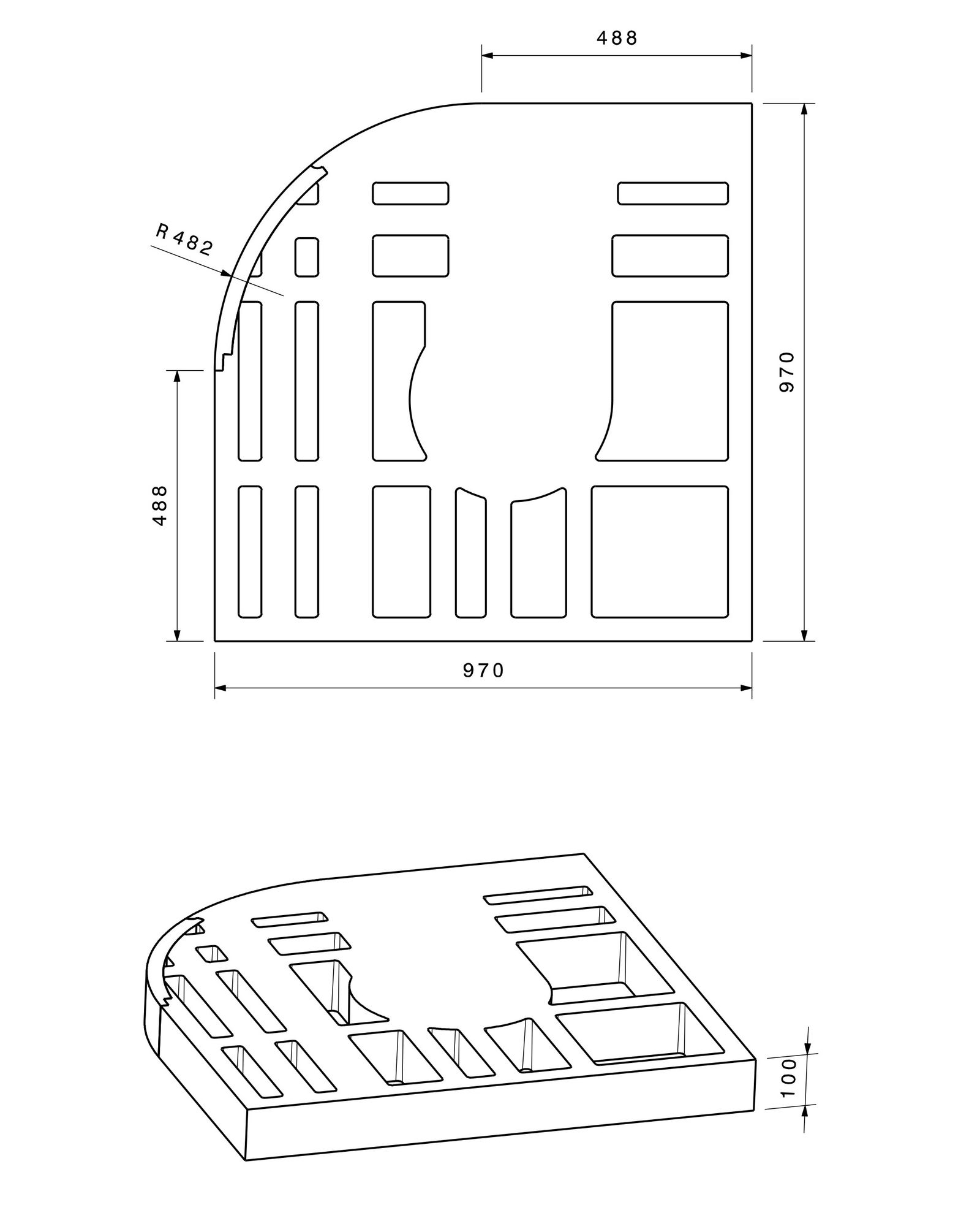 Poresta Duschwannenträger Expert Purano für 1000 x 1000 mm, 1/4-Kreis, Höhe 105 mm