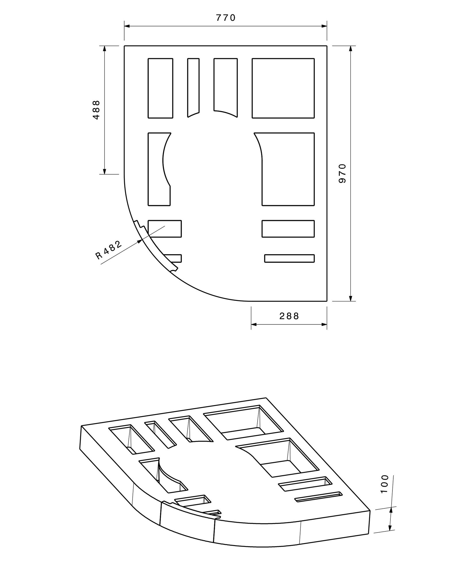 Poresta Duschwannenträger Expert Purano für 1000 x 800 mm, 1/4-Kreis, Höhe 105 mm