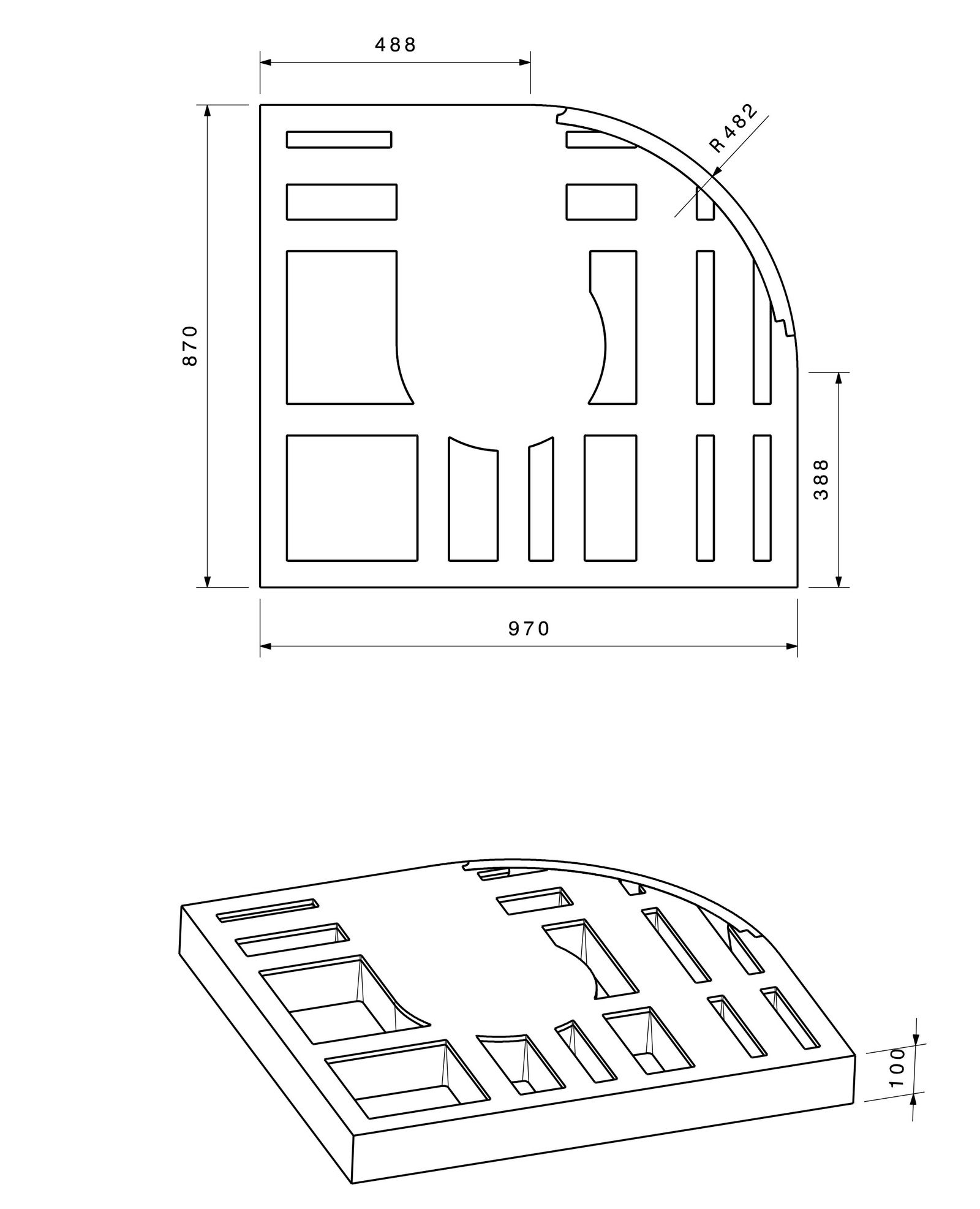 Poresta Duschwannenträger Expert Purano für 900 x 1000 mm, 1/4-Kreis, Höhe 105 mm