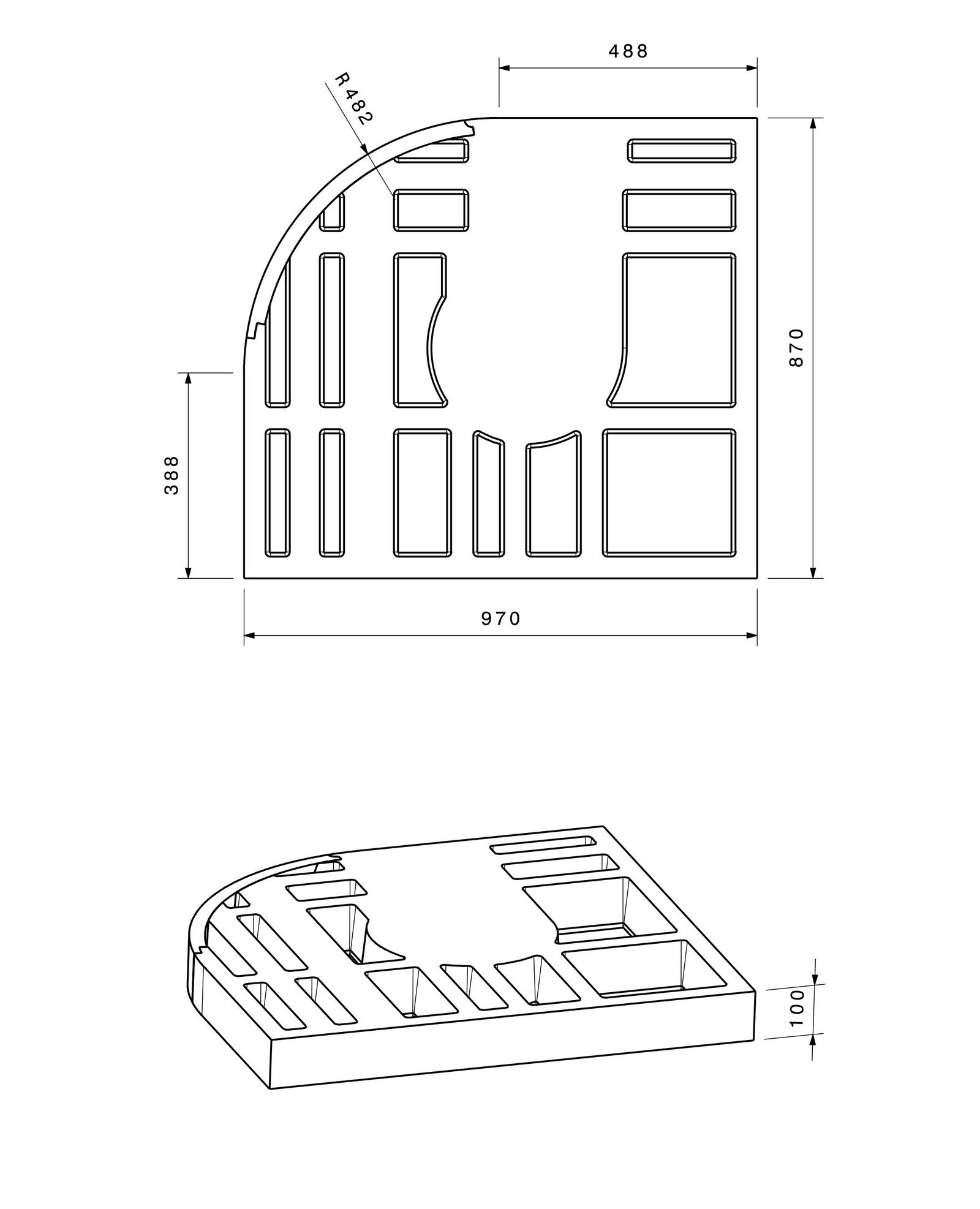 Poresta Duschwannenträger Expert Purano für 1000 x 900 mm, 1/4-Kreis, Höhe 105 mm