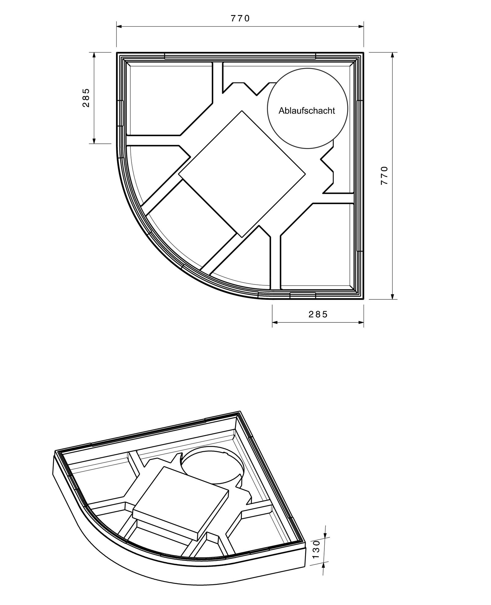 Poresta Duschwannenträger Susanne für 800 x 800 x 45 mm, Viertelkreis, Höhe 130 mm