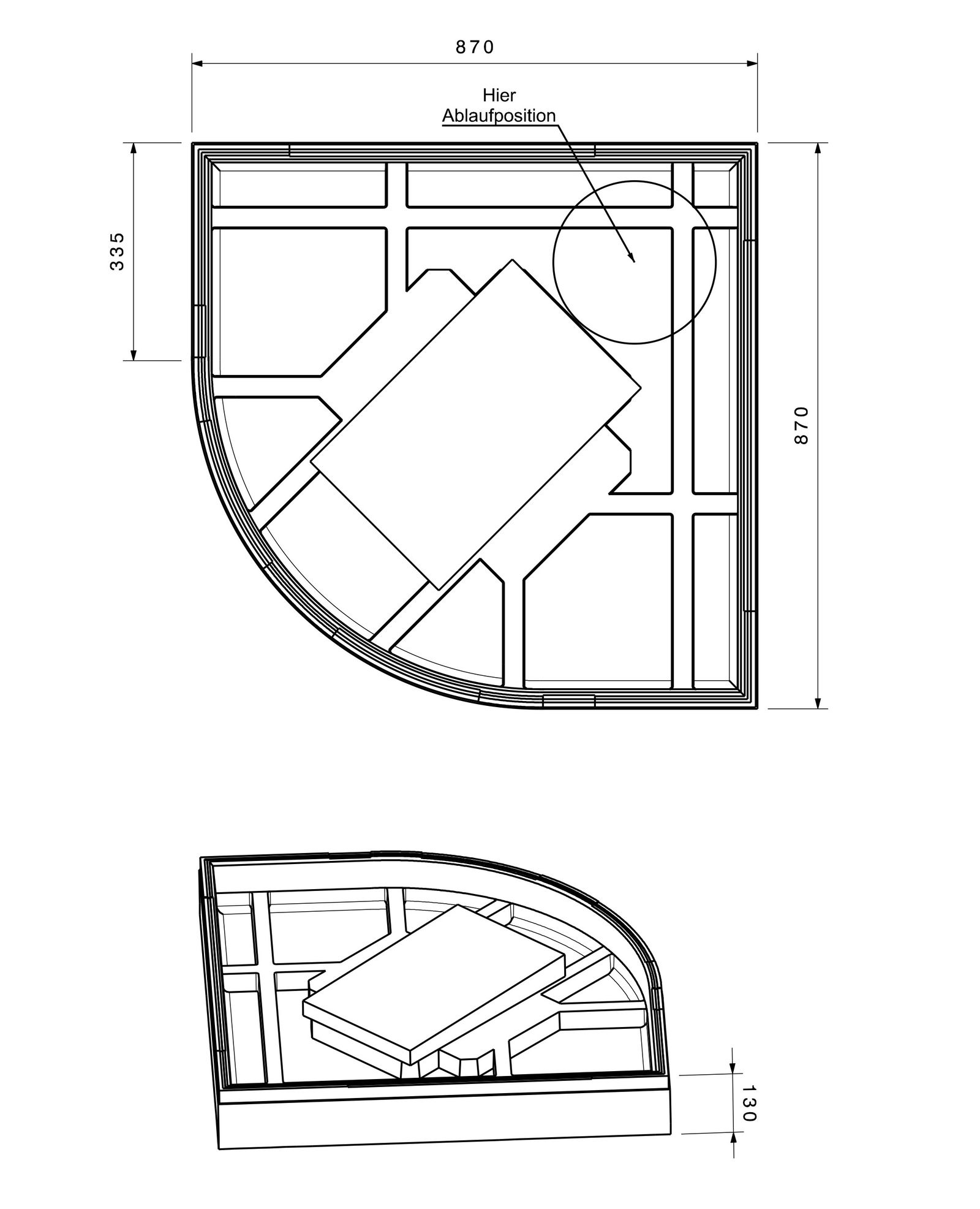 Poresta Duschwannenträger Susanne für 900 x 900 x 45 mm, Viertelkreis, Höhe 130 mm