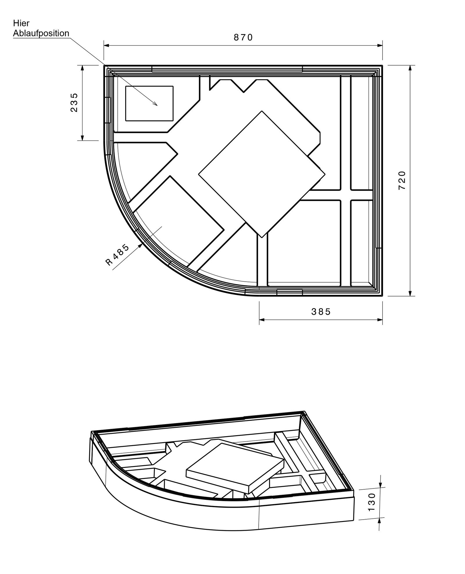 Poresta Duschwannenträger Expert Zirkon für 900 x 750 x 35 mm, 1/4-Kreis, Höhe 130 mm