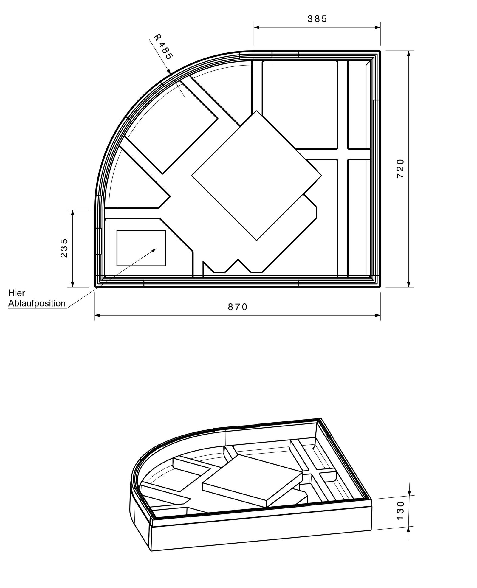 Poresta Duschwannenträger Expert Zirkon für 750 x 900 x 35 mm, 1/4-Kreis, Höhe 130 mm