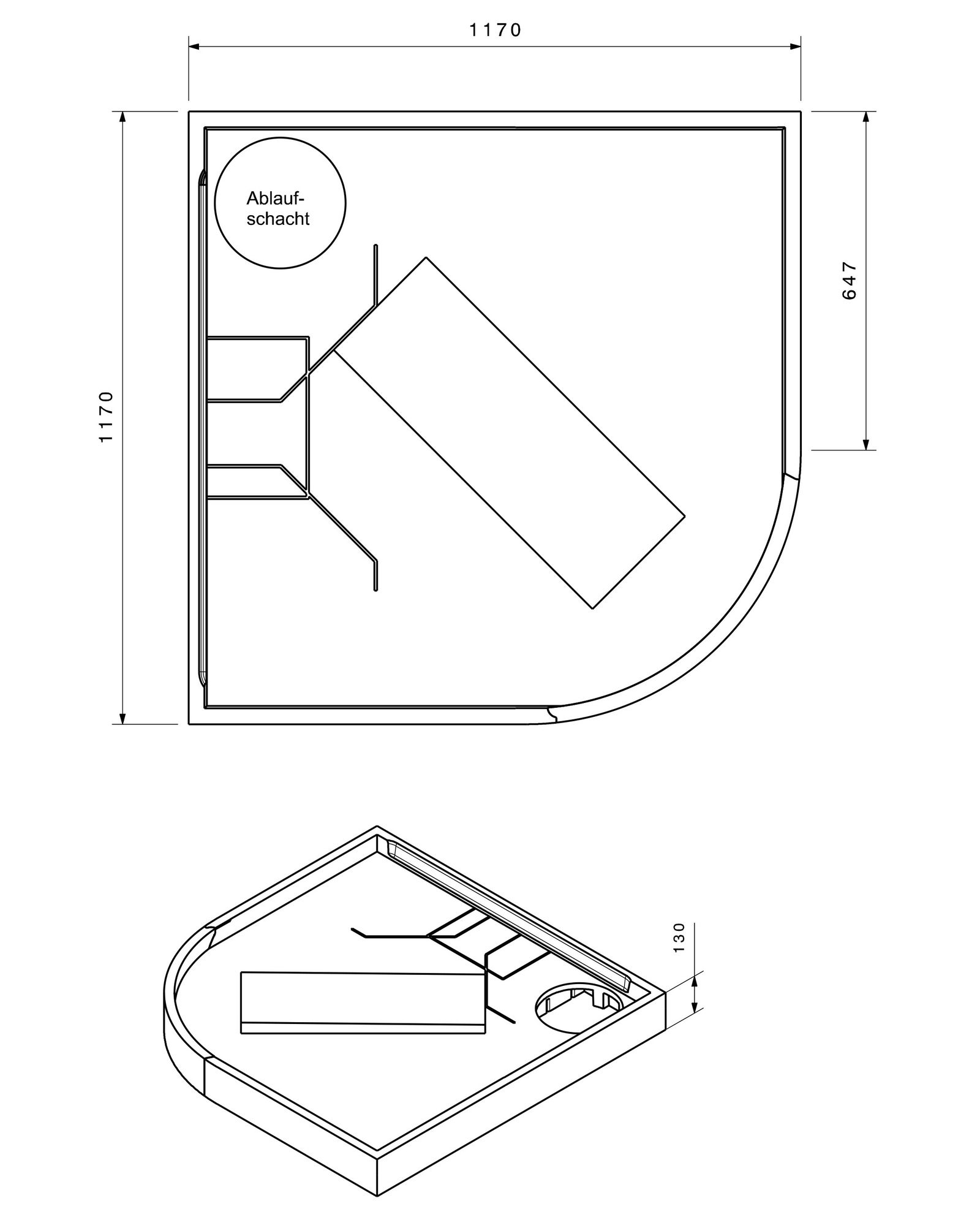 Poresta Duschwannenträger Susanne für 1200 x 1200 x 45 mm, Viertelkreis, Höhe 130 mm