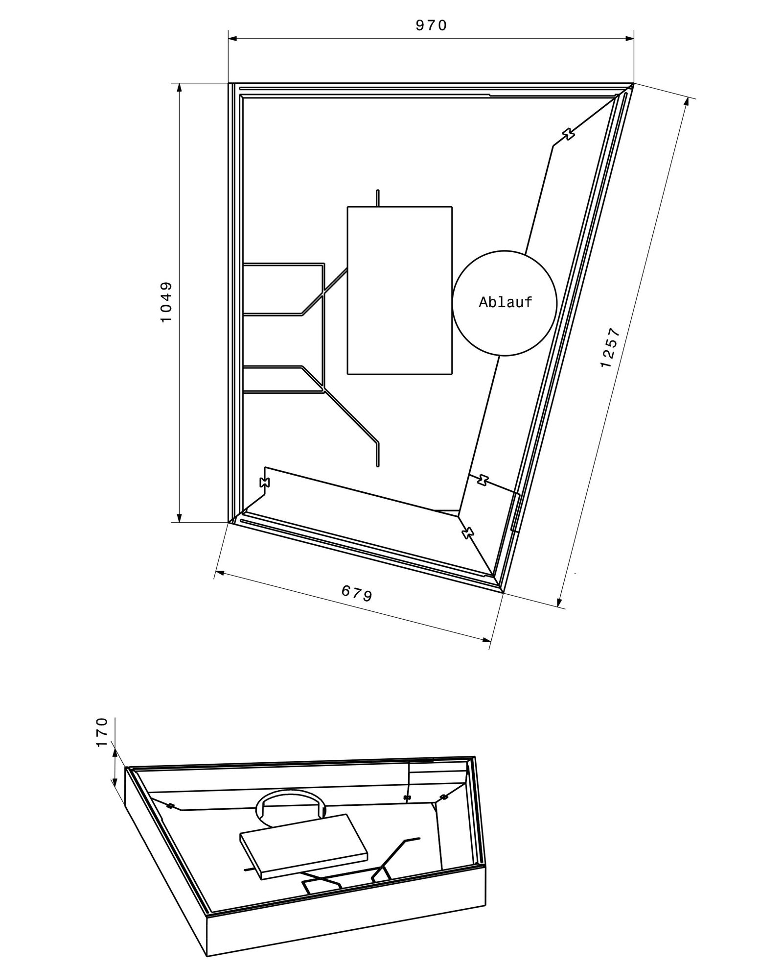 Poresta Duschwannenträger Expert Ego für 1250 x 1000 x 40 mm, rechts, Höhe 170 mm