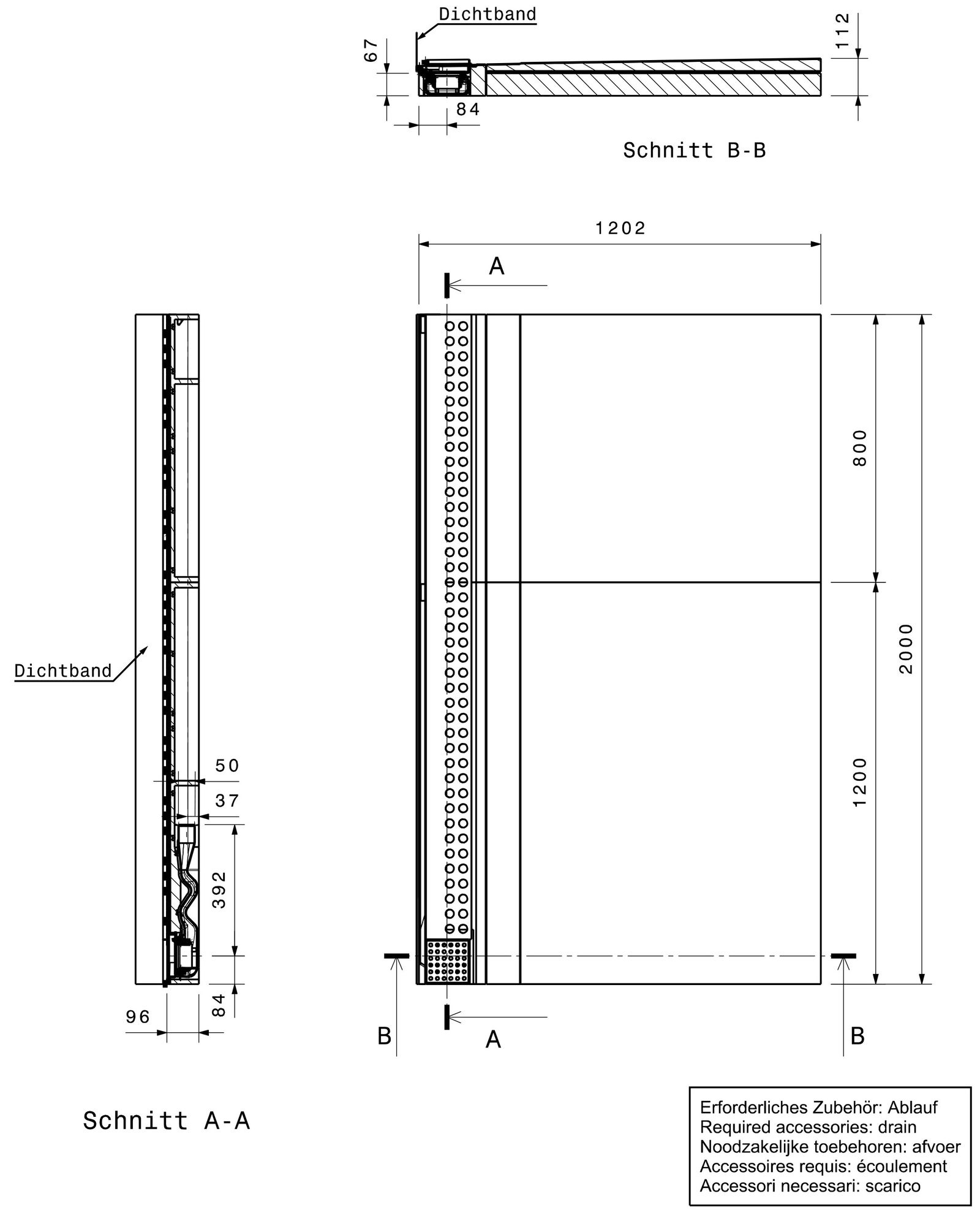 Poresta Duschfläche Slot S 2000 x 1200 x 105 mm, 12 mm, Ablauf waagerecht, links
