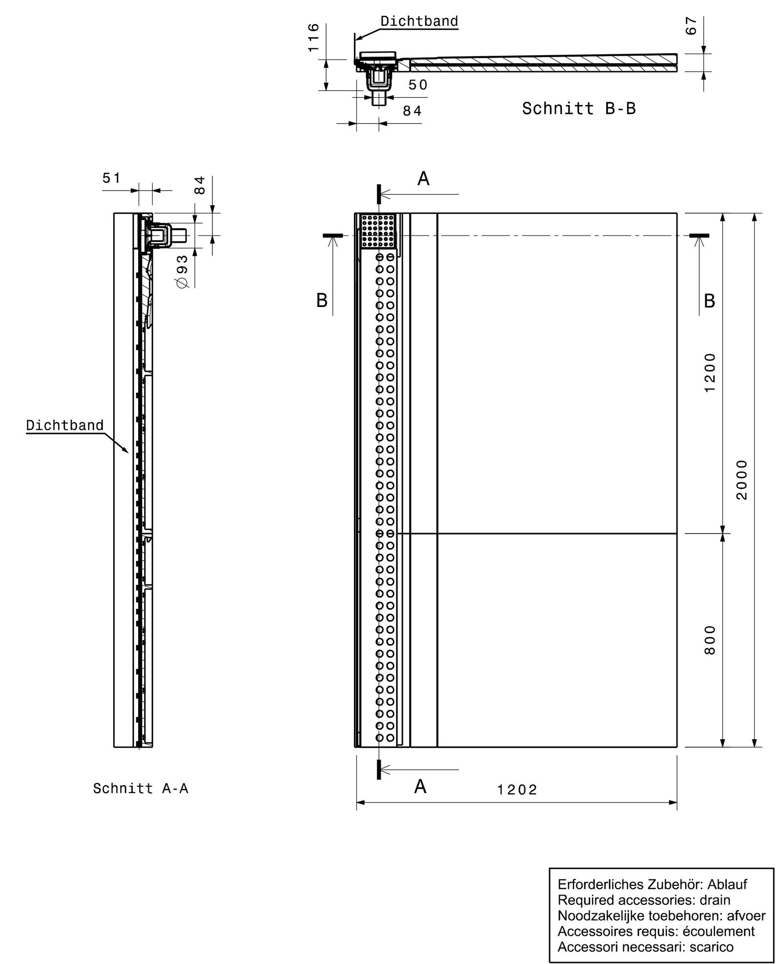 Poresta Duschfläche Slot S 2000 x 1200 x 60 mm, 22 mm, Ablauf senkrecht, rechts