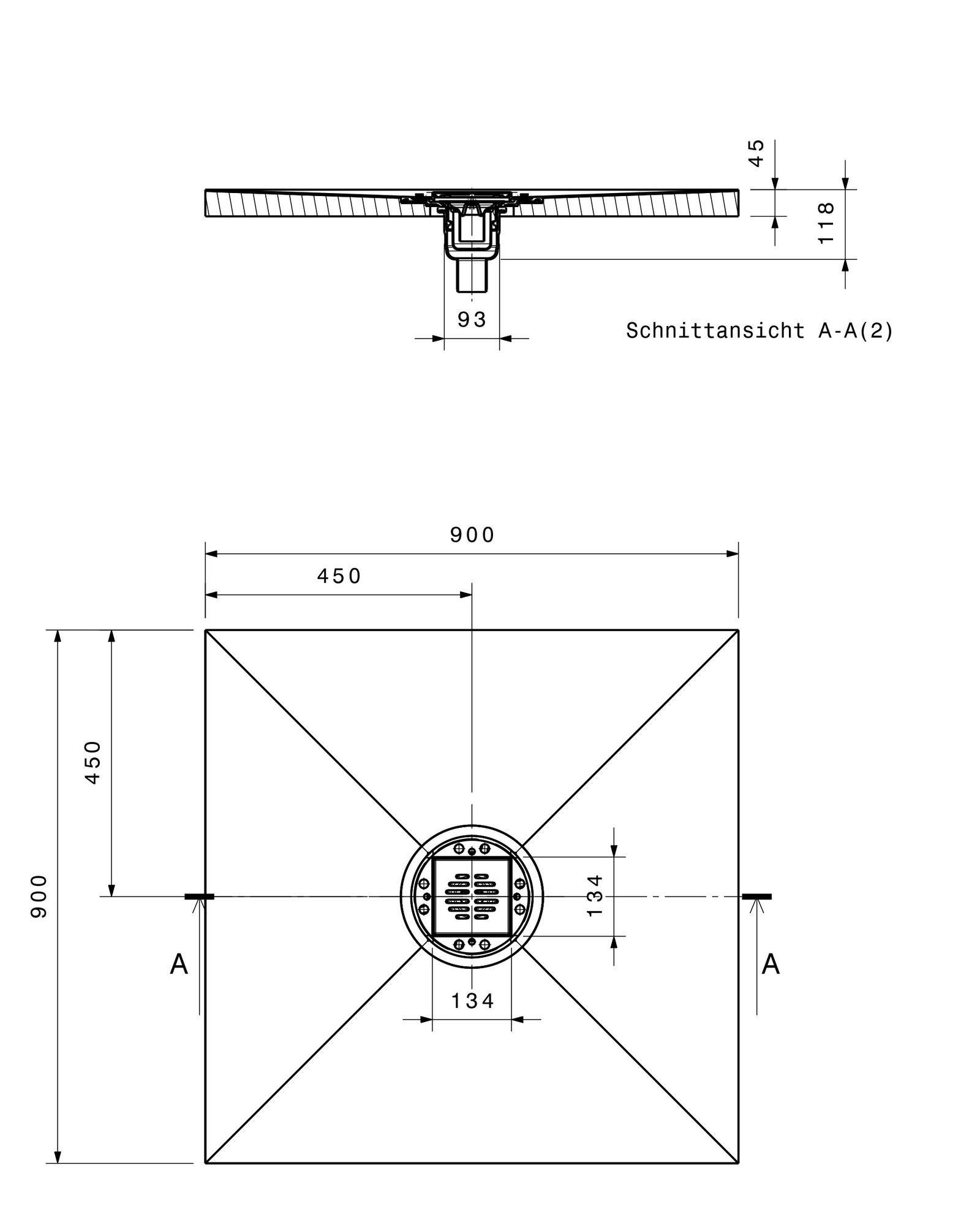 Poresta Duschfläche BF KMK 900 x 900 x 45 mm, zentrierter Ablauf