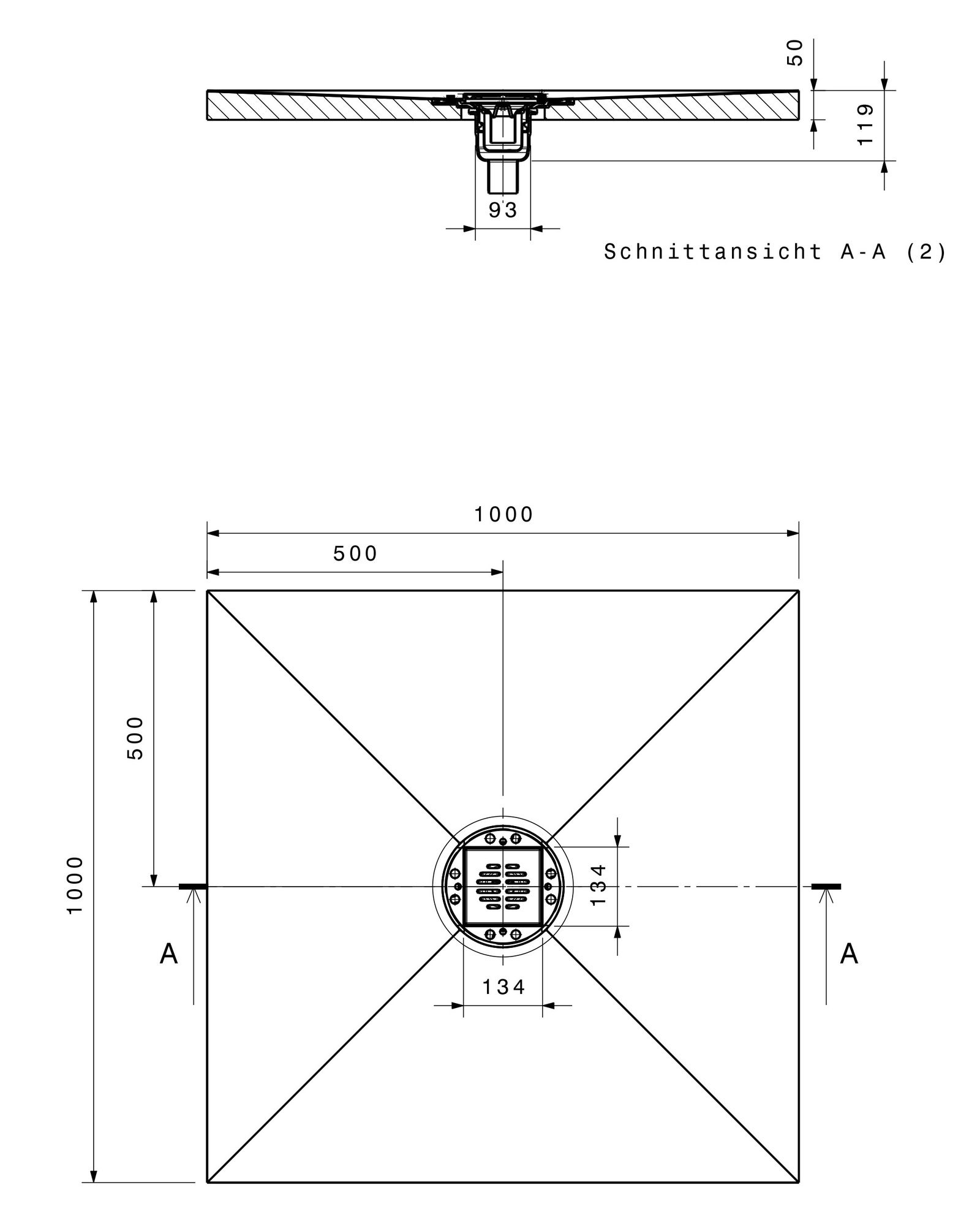Poresta Duschfläche BF KMK 1000 x 1000 x 50 mm, zentrierter Ablauf