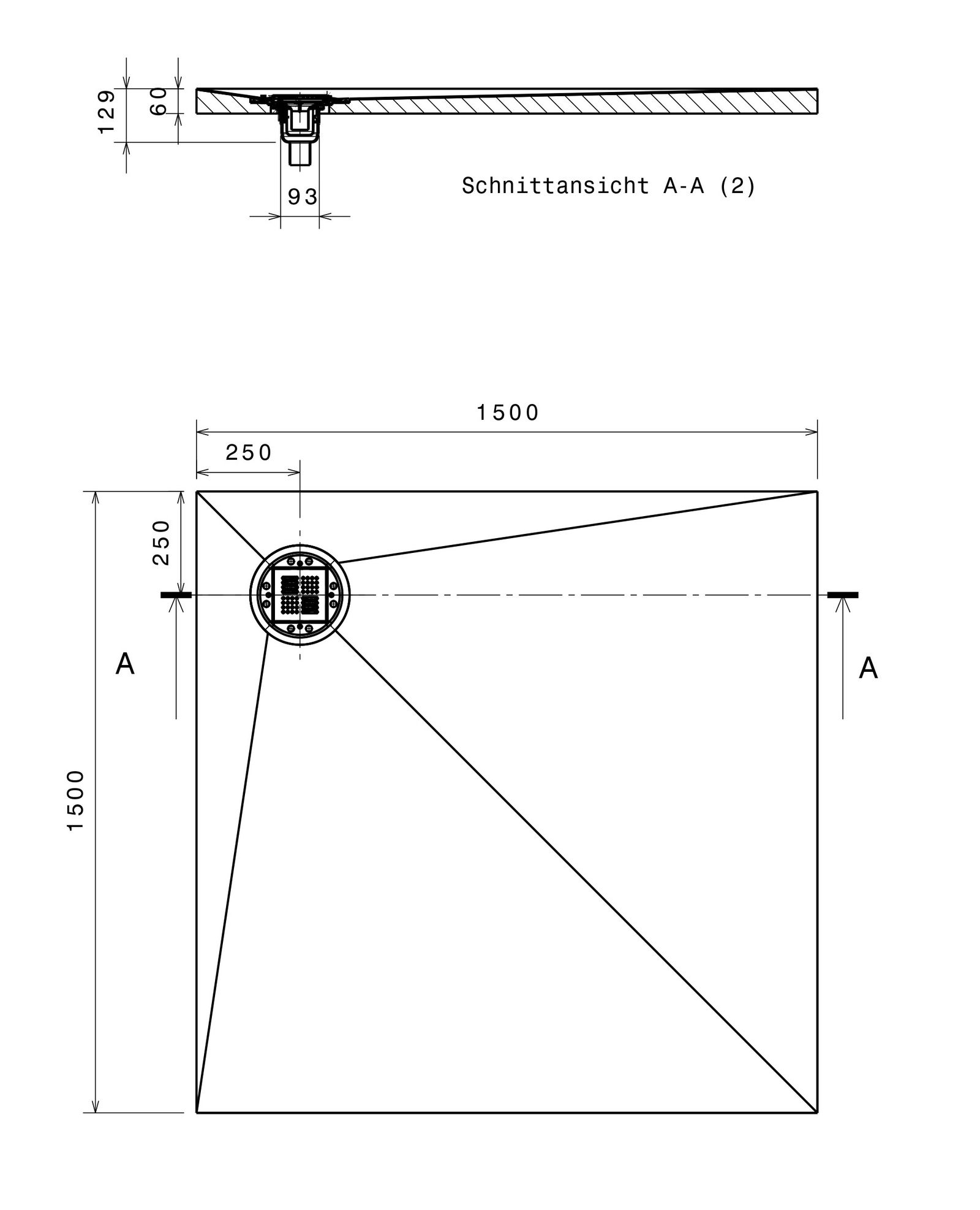 Poresta Duschfläche BF KMK 1500 x 1500 x 60 mm, dezentrierter Ablauf