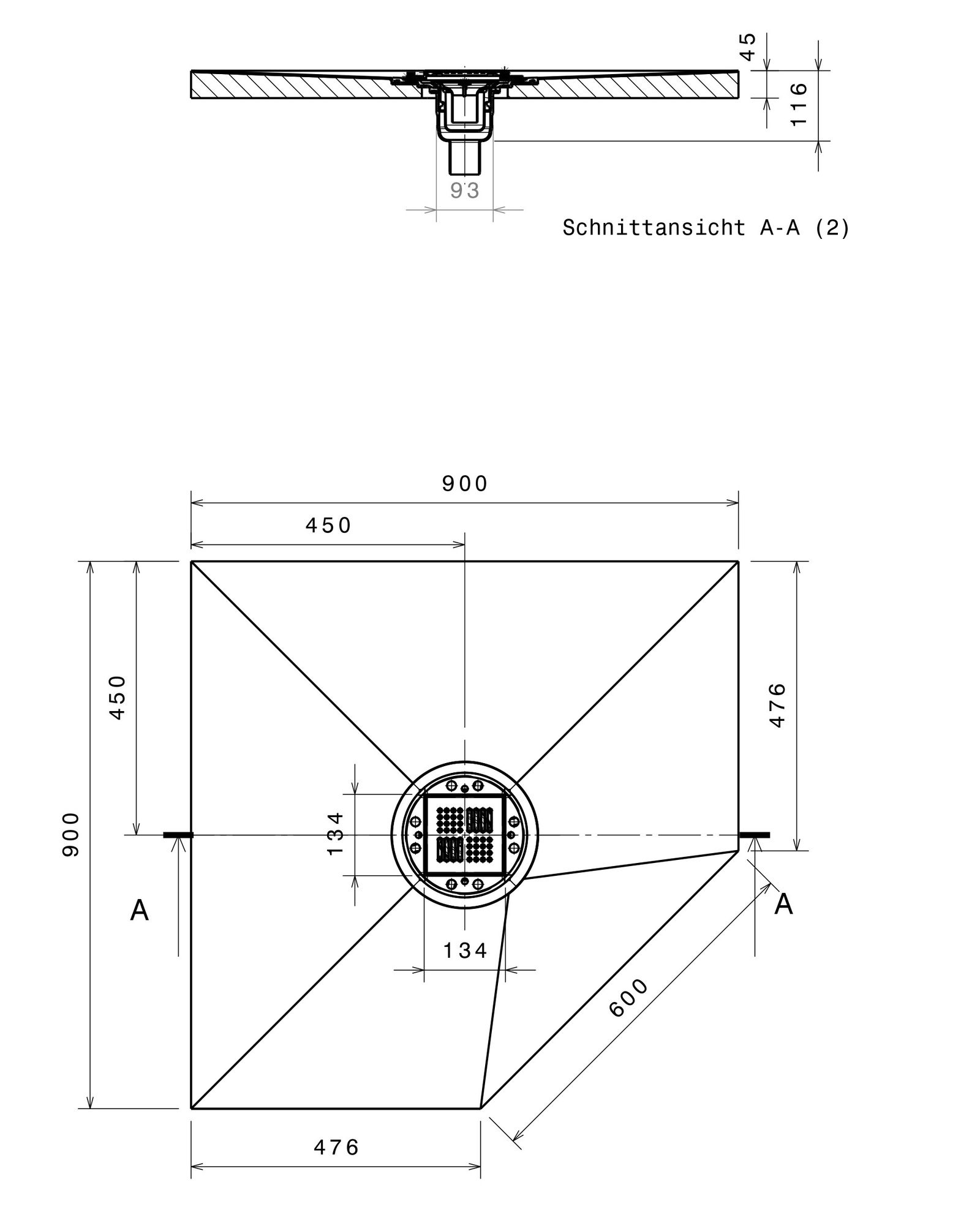 Poresta 5-Eck-Duschfläche BF KMK 900 x 900 x 45 mm, zentrierter Ablauf