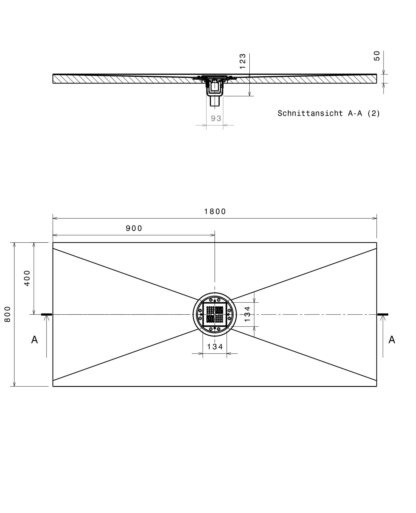 Poresta Duschfläche BF KMK 1800 x 800 x 50 mm, zentrierter Ablauf