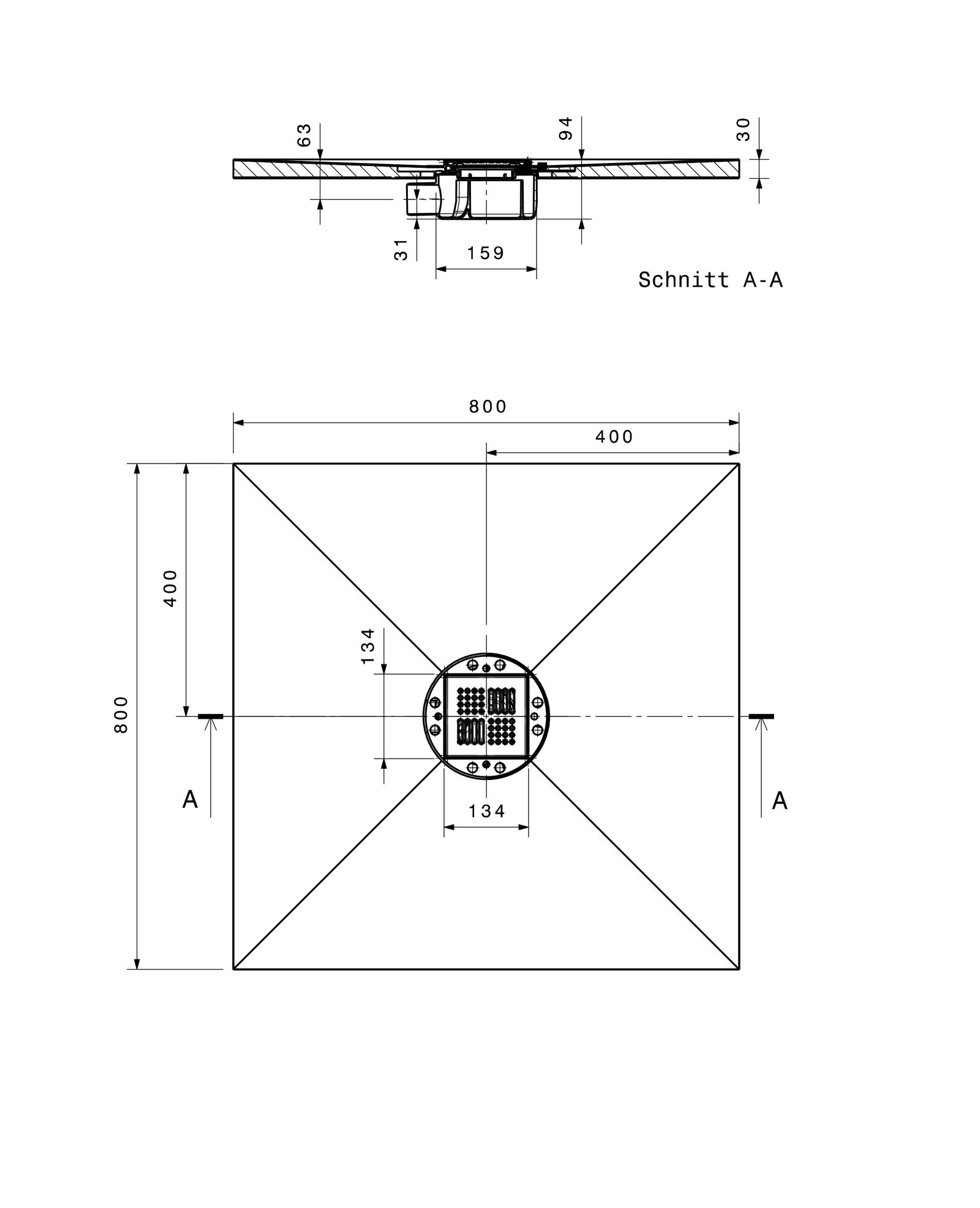 Poresta Duschfläche BF 95 800 x 800 x 30 mm, waagerechter Ablauf, zentriert