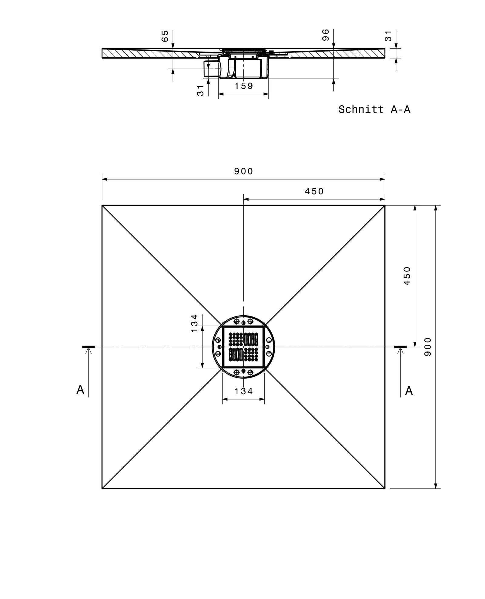 Poresta Duschfläche BF 95 900 x 900 x 30 mm, waagerechter Ablauf, zentriert