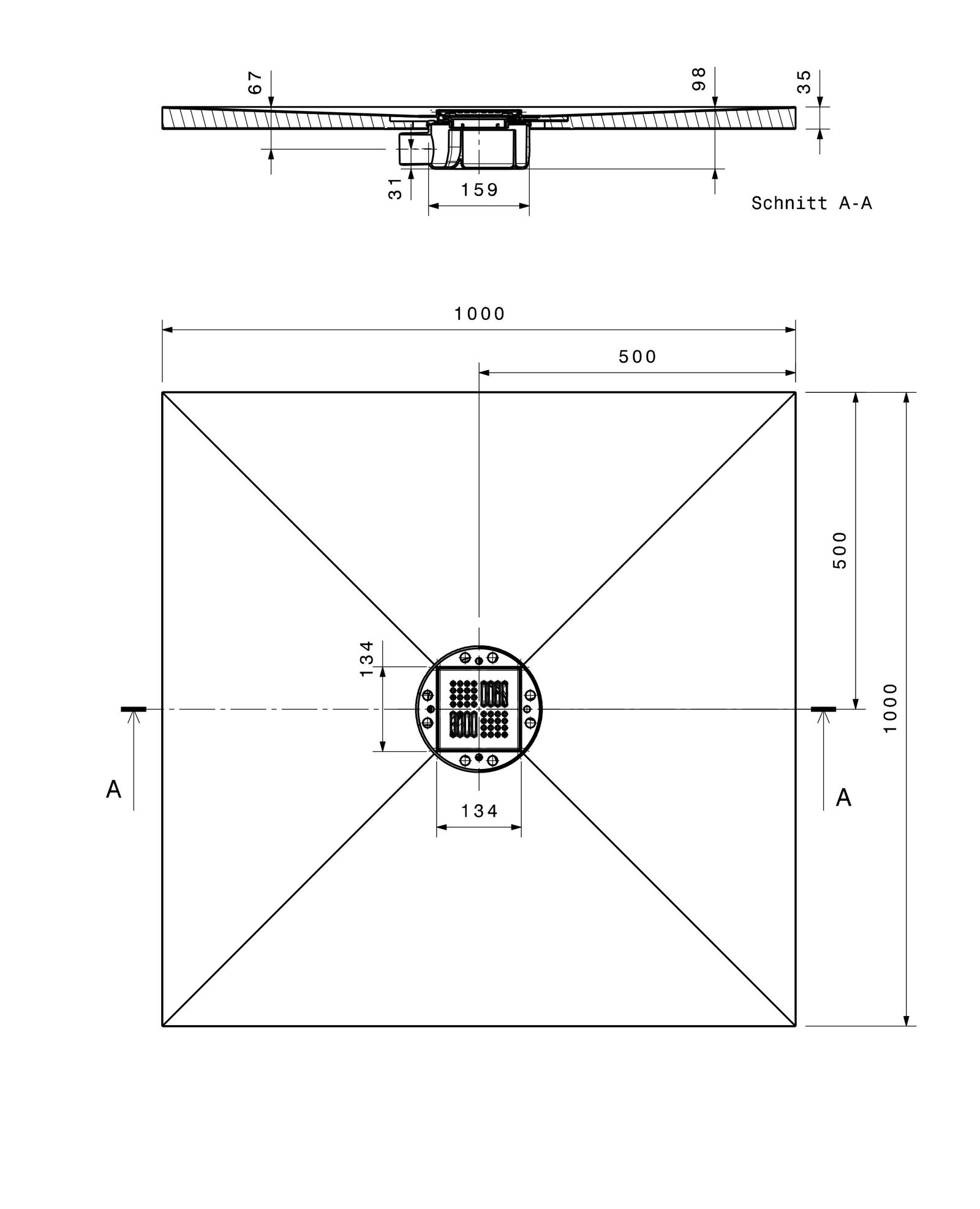 Poresta Duschfläche BF 95 1000 x 1000 x 35 mm, waagerechter Ablauf, zentriert