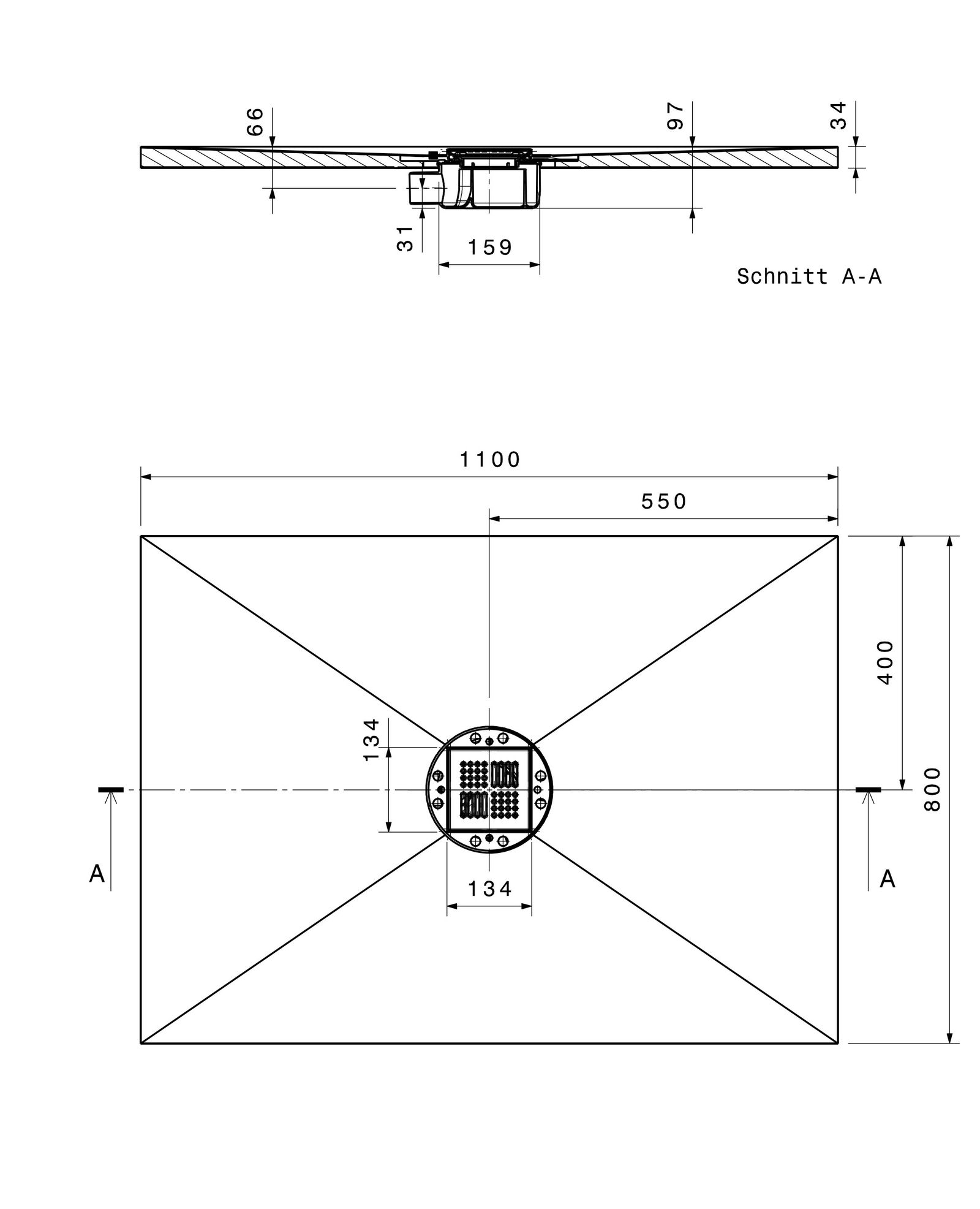 Poresta Duschfläche BF 95 1100 x 800 x 35 mm, waagerechter Ablauf, zentriert