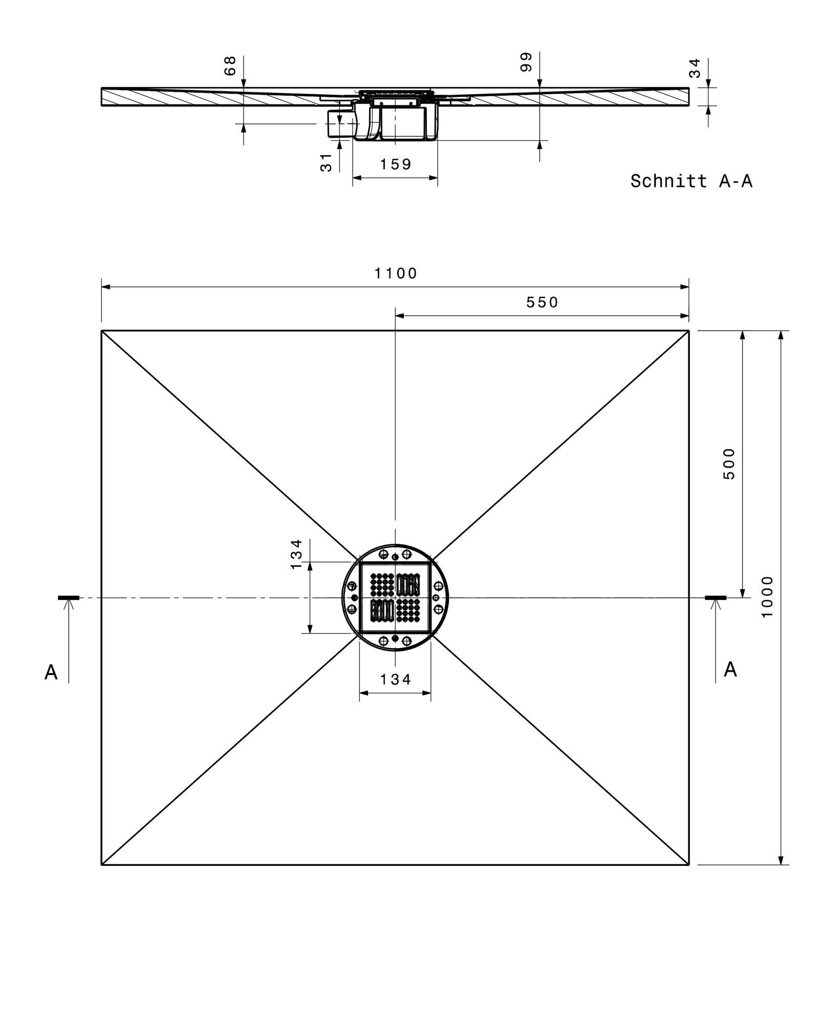 Poresta Duschfläche BF 95 1100 x 1000 x 35 mm, waagerechter Ablauf, zentriert