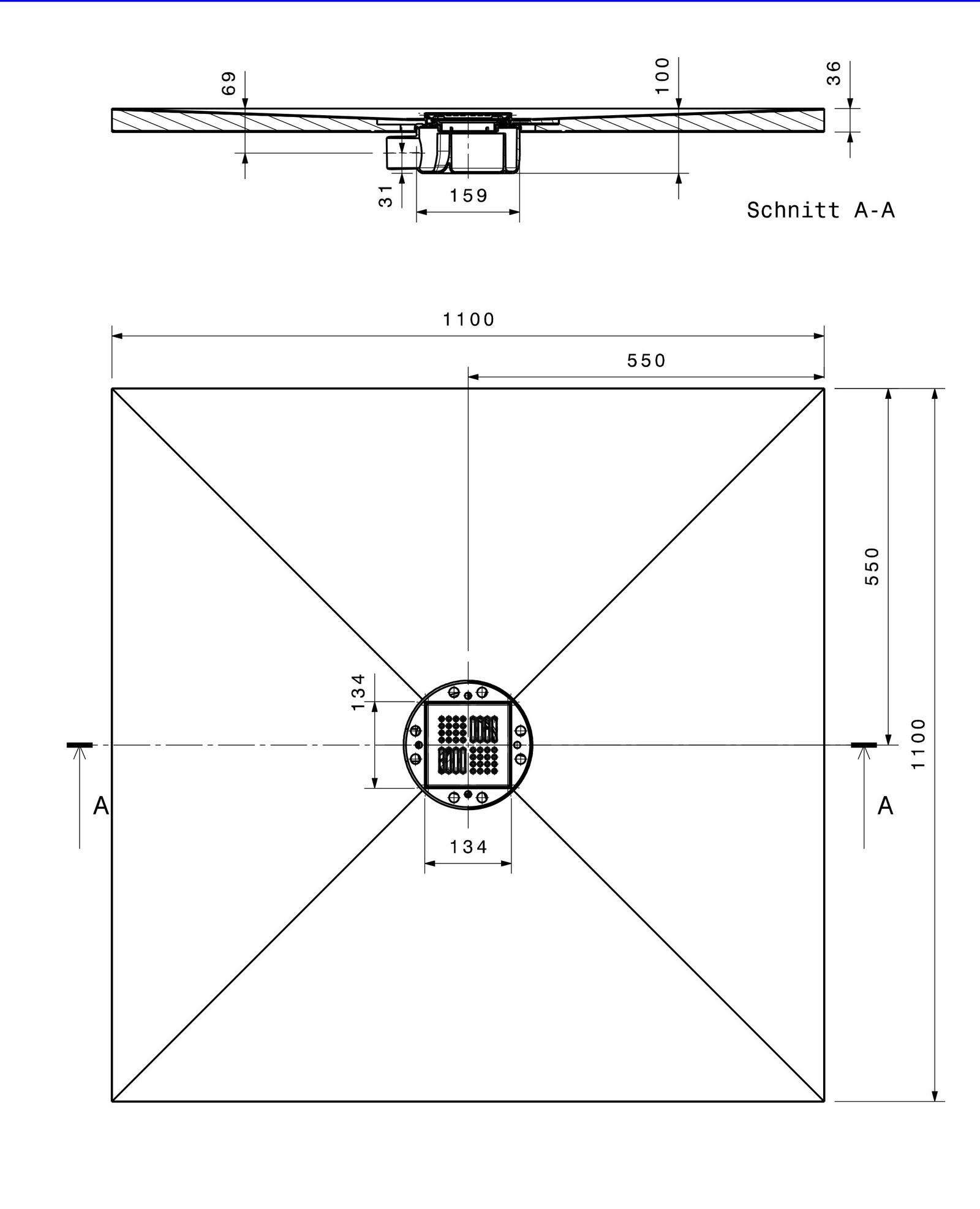 Poresta Duschfläche BF 95 1100 x 1100 x 35 mm, waagerechter Ablauf, zentriert
