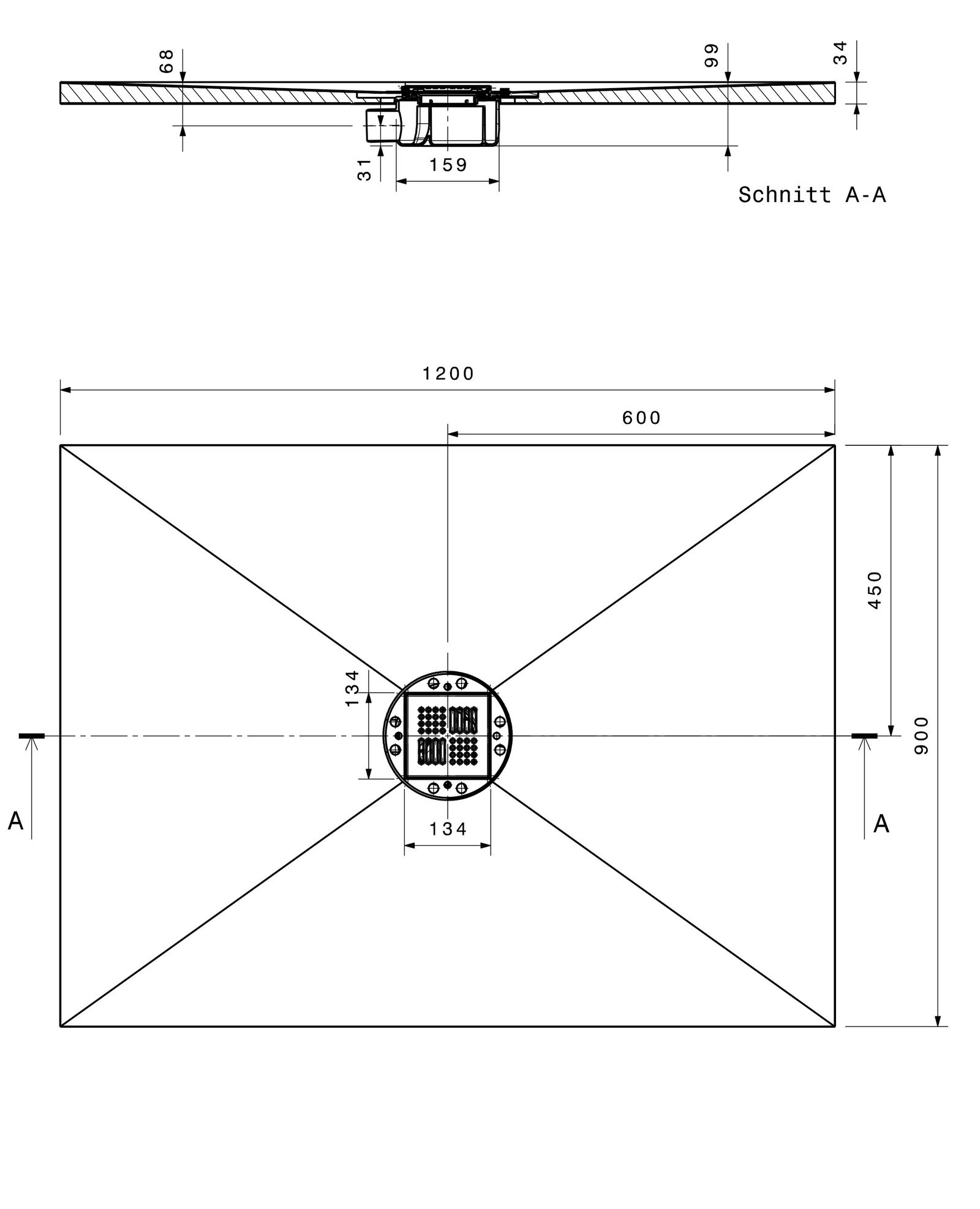 Poresta Duschfläche BF 95 1200 x 900 x 35 mm, waagerechter Ablauf, zentriert