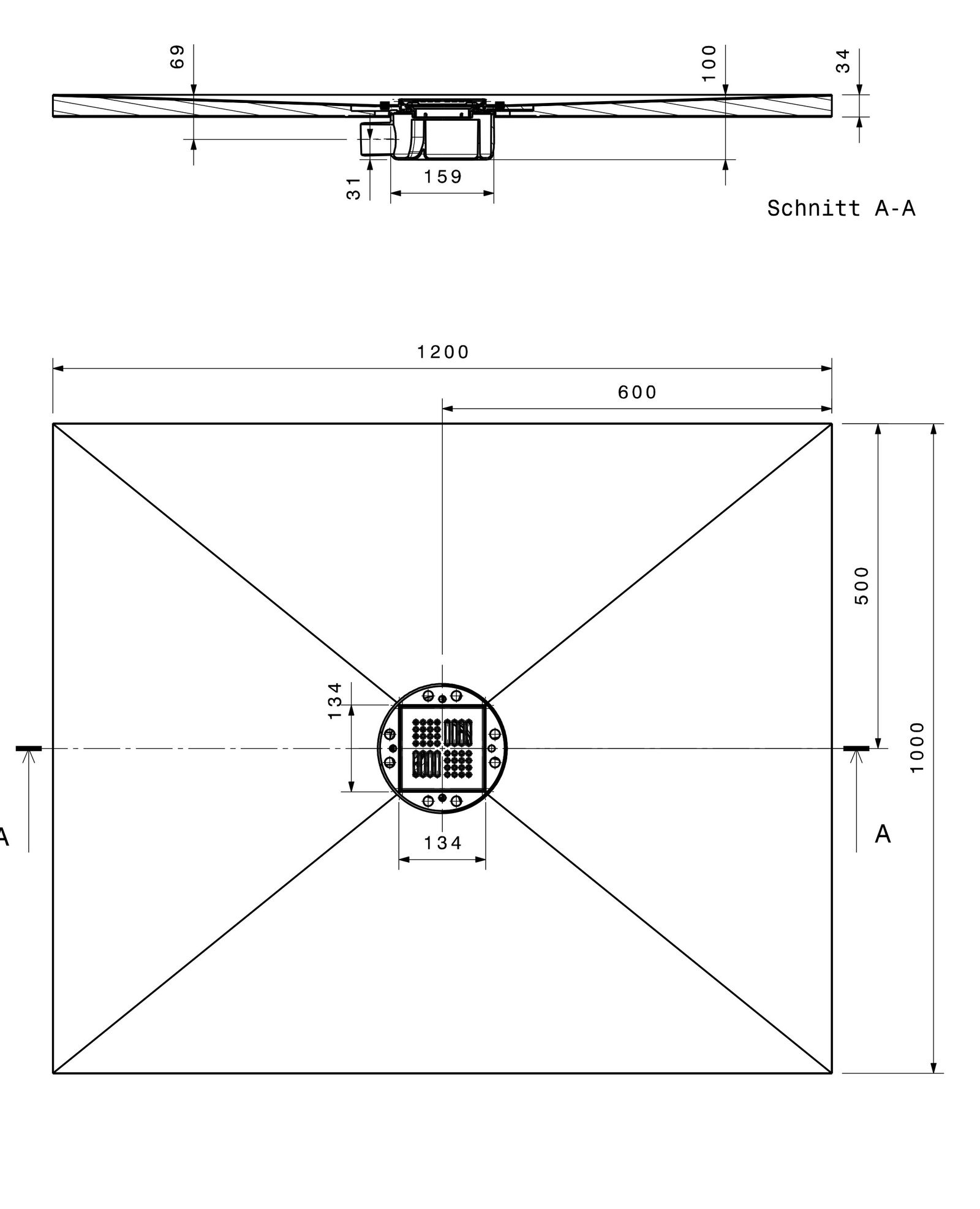 Poresta Duschfläche BF 95 1200 x 1000 x 35 mm, waagerechter Ablauf, zentriert