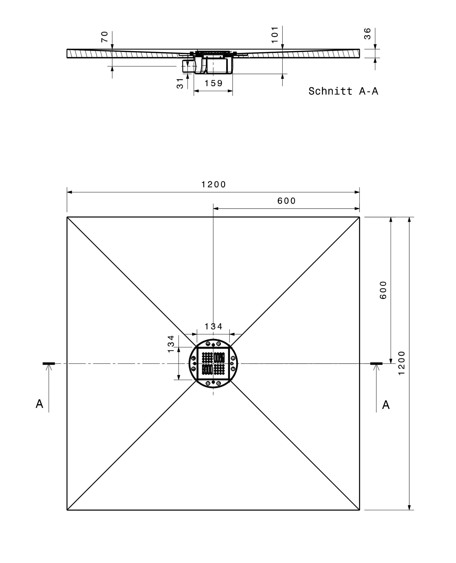 Poresta Duschfläche BF 95 1200 x 1200 x 35 mm, waagerechter Ablauf, zentriert