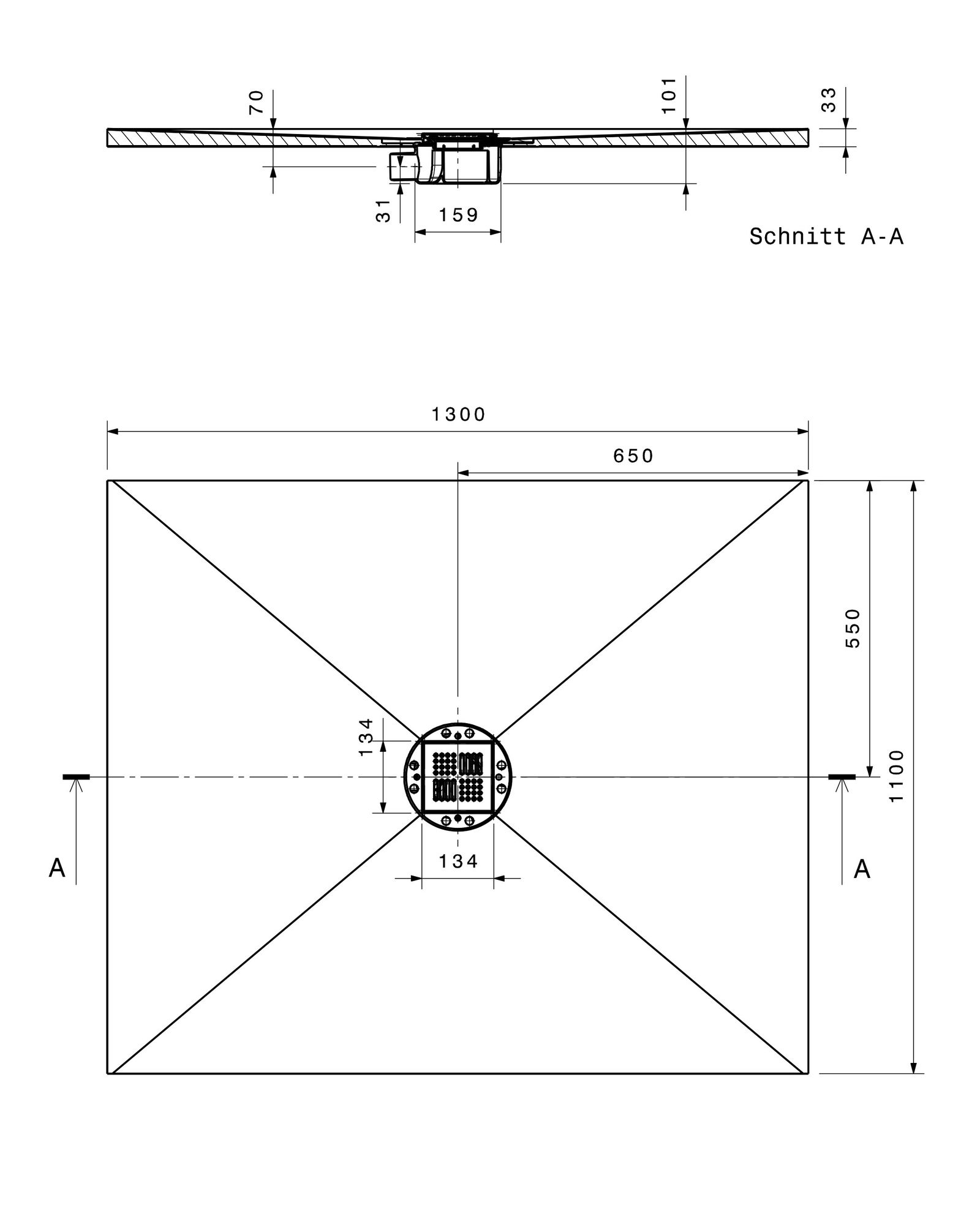 Poresta Duschfläche BF 95 1300 x 1100 x 35 mm, waagerechter Ablauf, zentriert