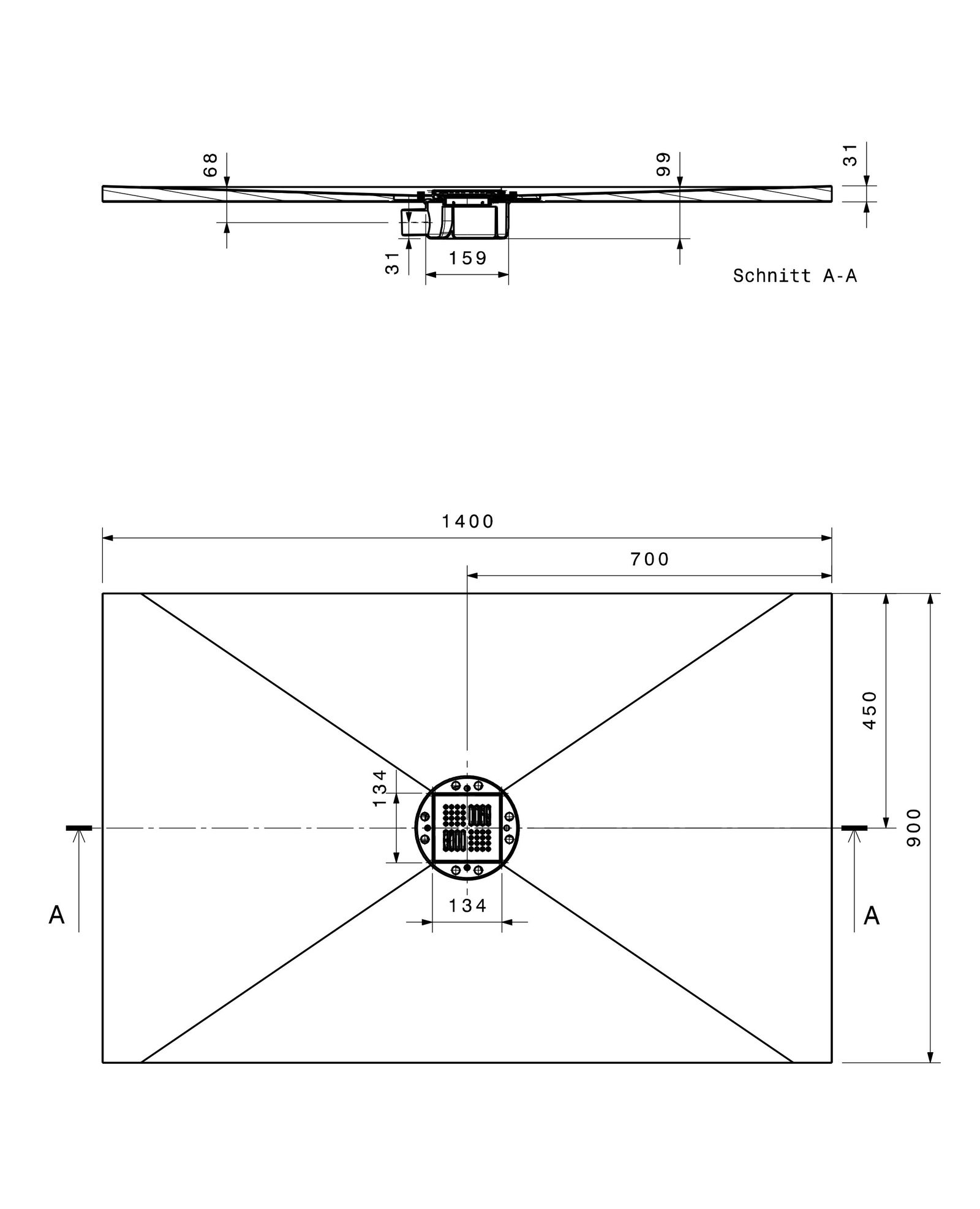 Poresta Duschfläche BF 95 1400 x 900 x 35 mm, waagerechter Ablauf, zentriert