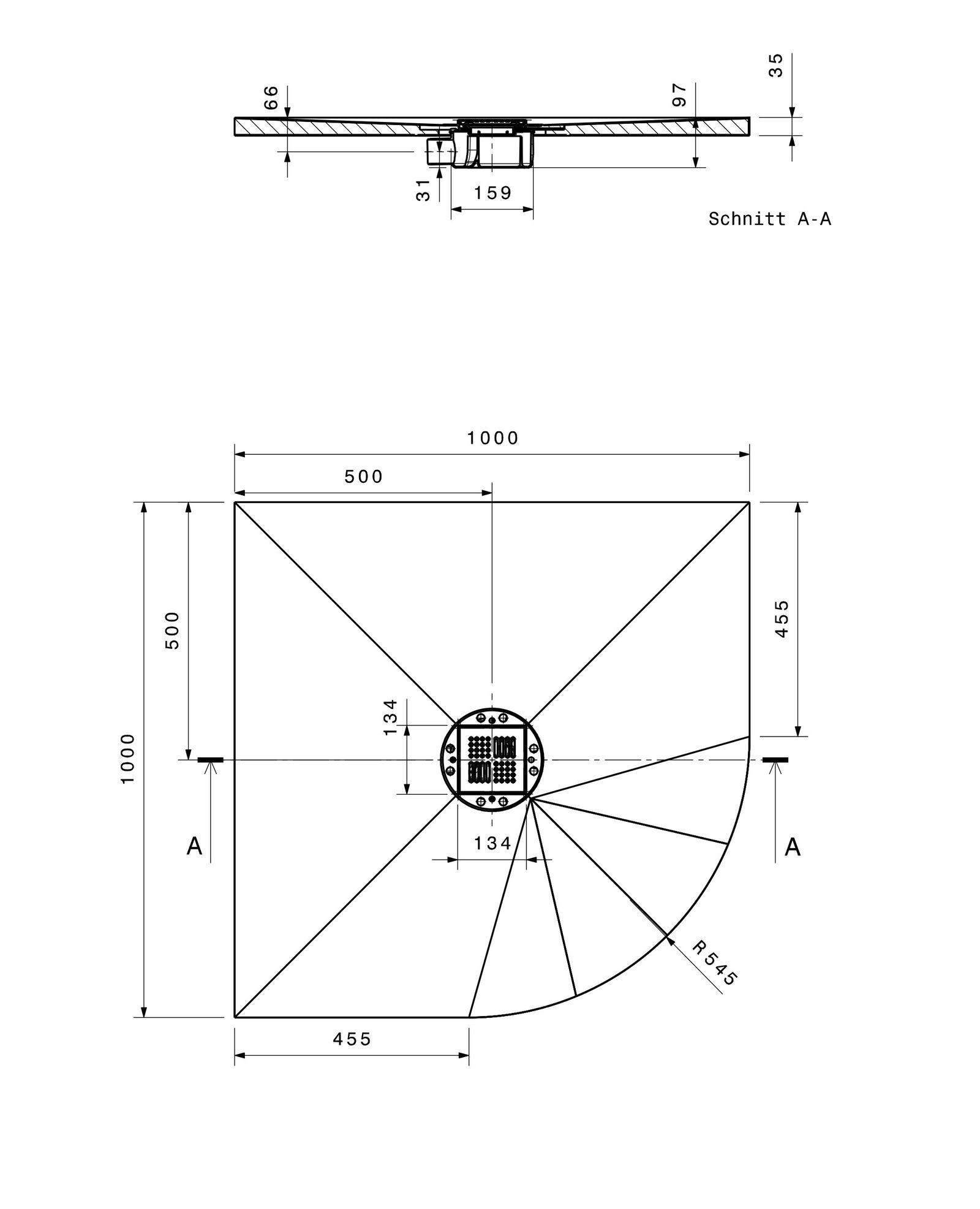 Poresta 1/4-Kreis-Duschfläche BF 95 1000 x 1000 x 35 mm, waagerechter Ablauf, zentriert