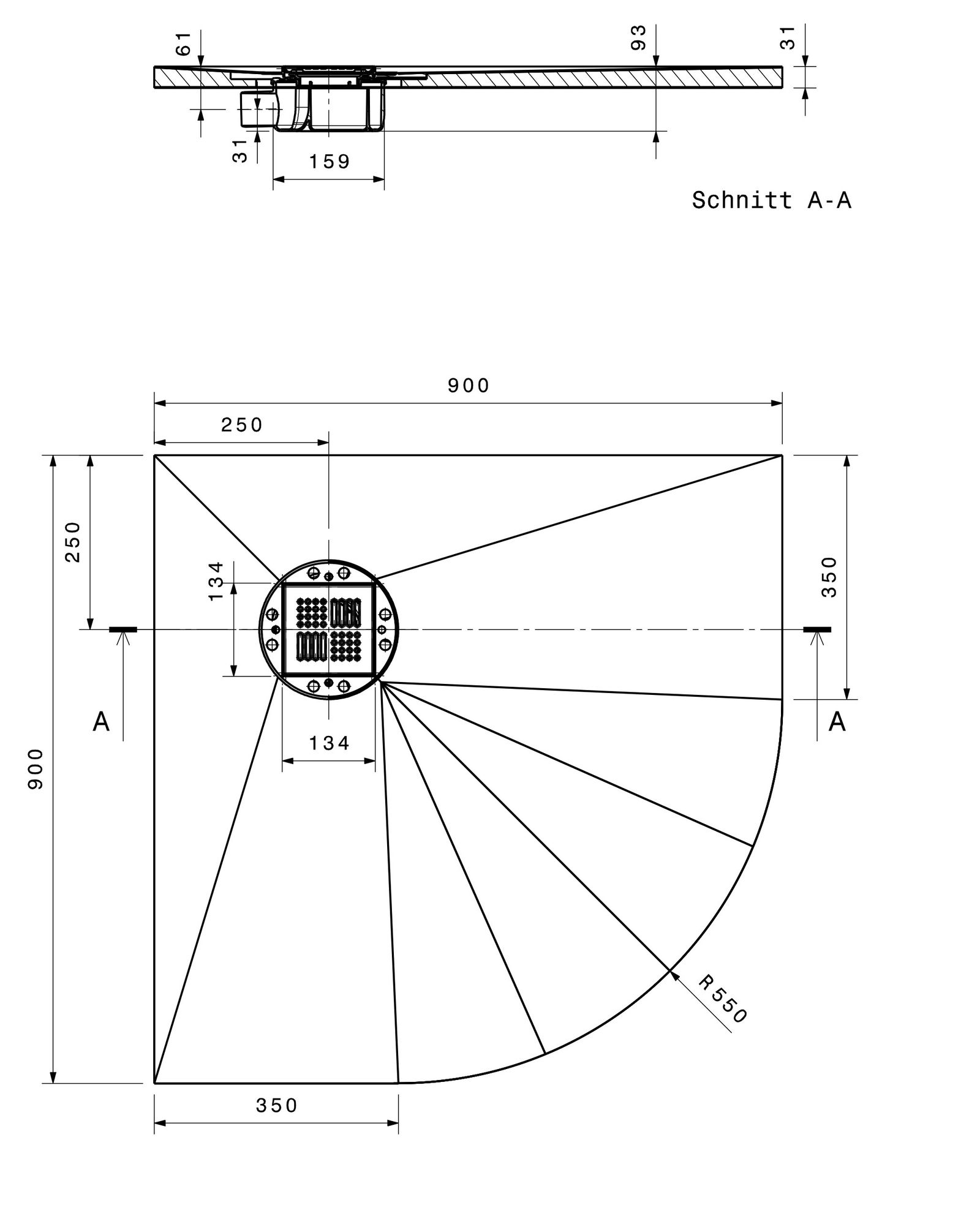 Poresta 1/4-Kreis-Duschfläche BF 95 900 x 900 x 30 mm, waagerechter Ablauf, dezentriert