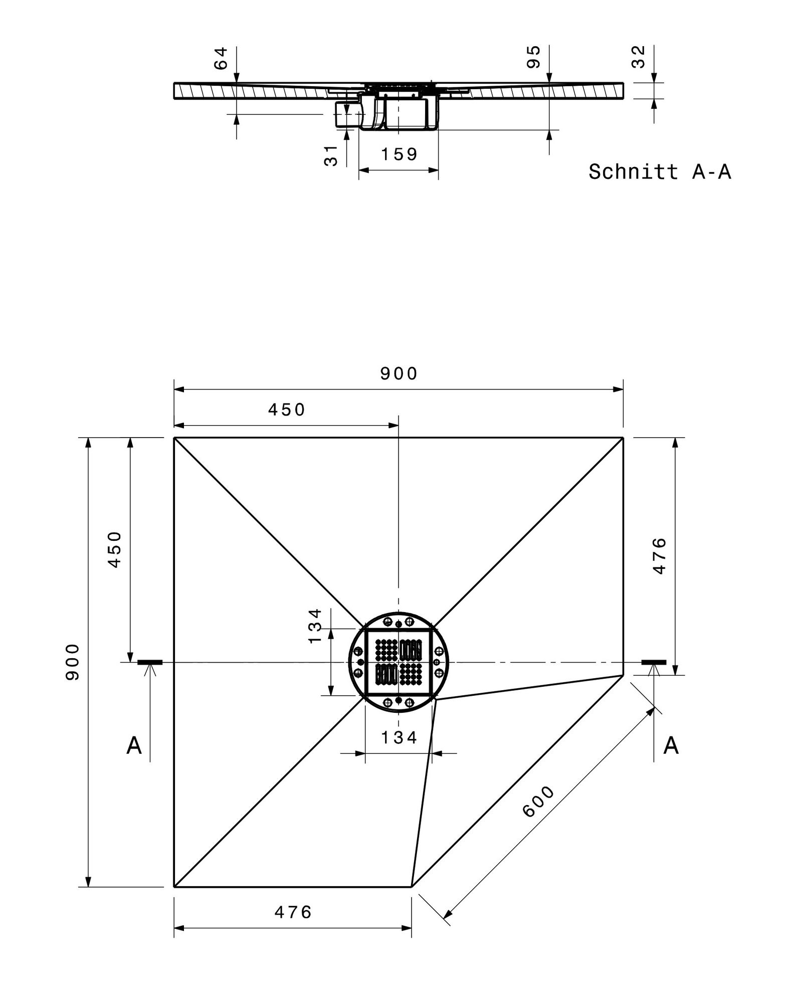 Poresta 5-Eck-Duschfläche BF 95 900 x 900 x 30 mm, waagerechter Ablauf, zentriert
