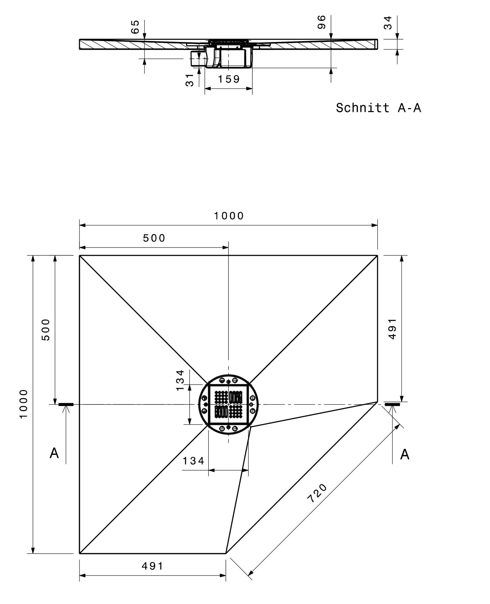 Poresta 5-Eck-Duschfläche BF 95 1000 x 1000 x 35 mm, waagerechter Ablauf, zentriert