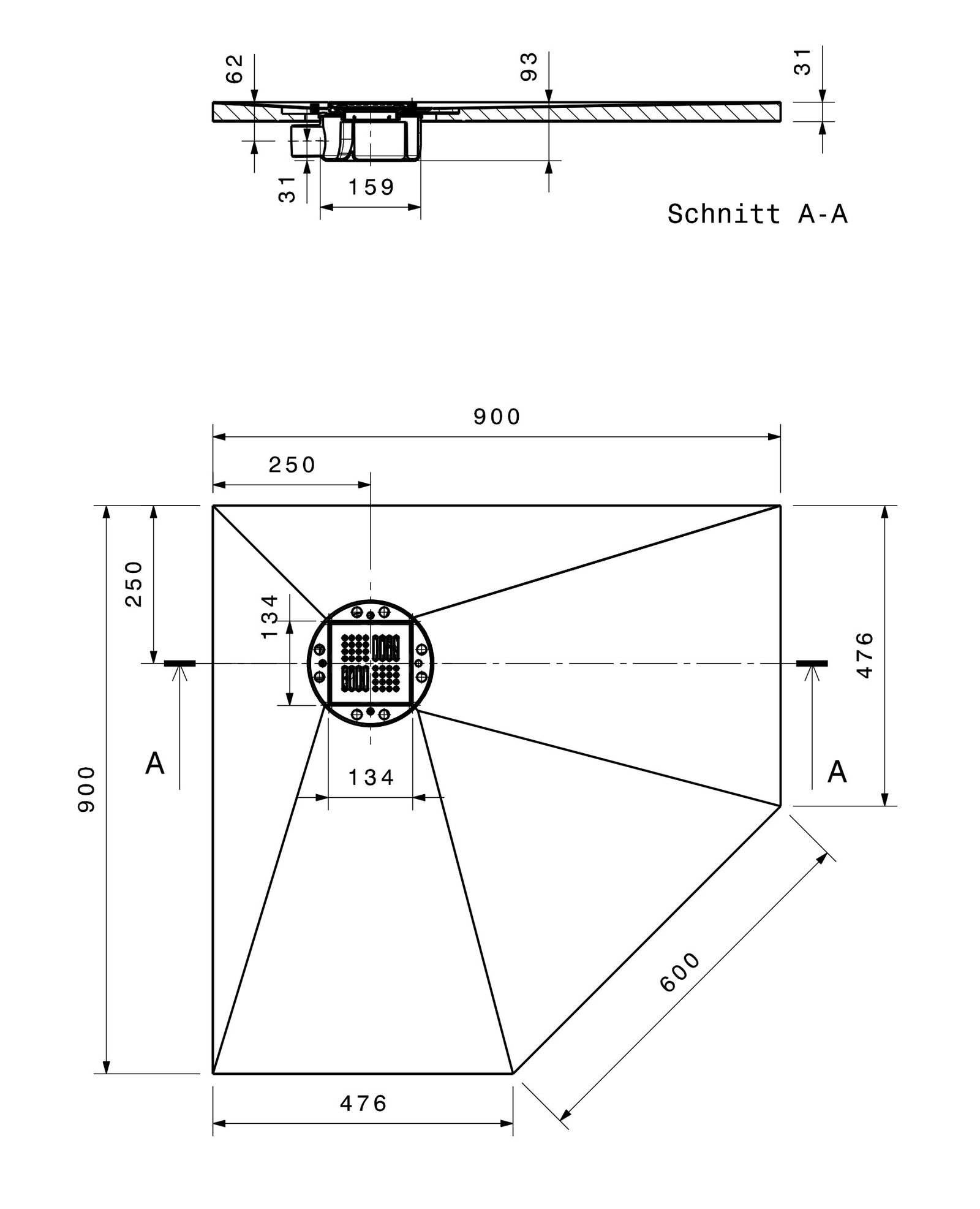 Poresta 5-Eck-Duschfläche BF 95 900 x 900 x 30 mm, waagerechter Ablauf, dezentriert