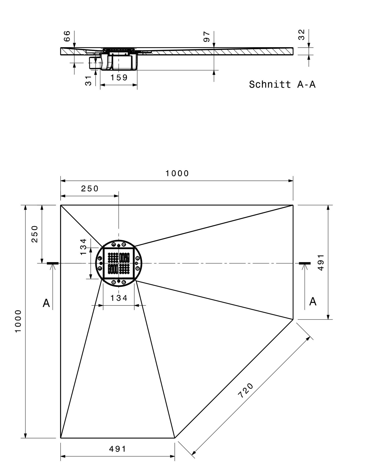 Poresta 5-Eck-Duschfläche BF 95 1000 x 1000 x 35 mm, waagerechter Ablauf, dezentriert
