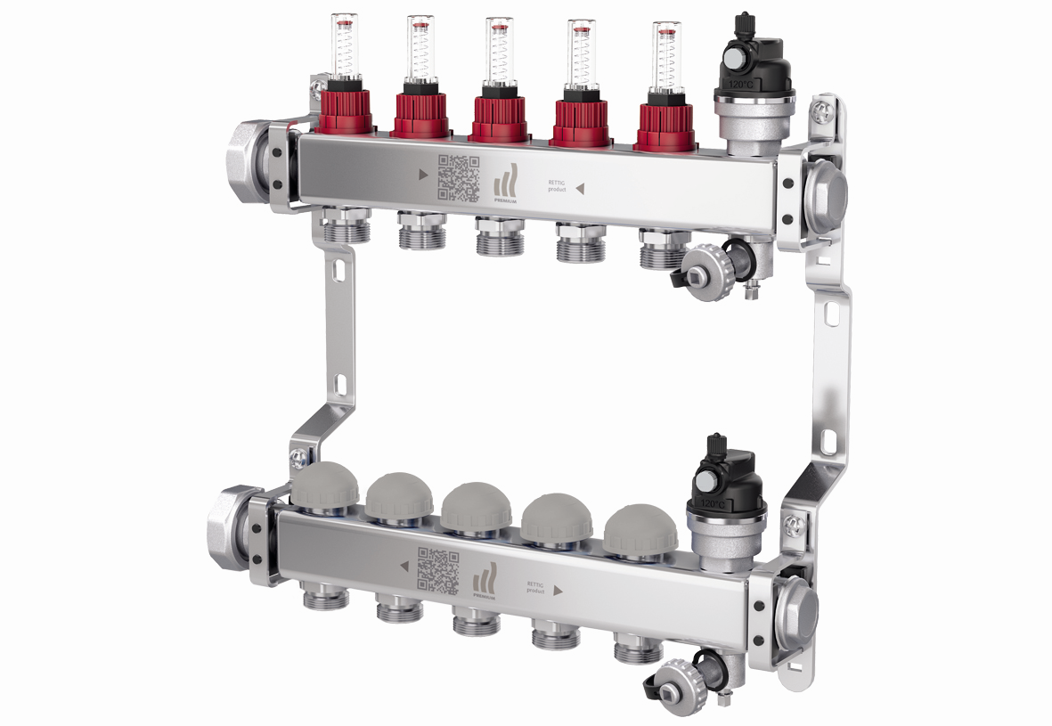 PURMO Heizkreisverteiler Premium line 7 Kreise, 453 mm lang, 1", Edelstahl, dynamic