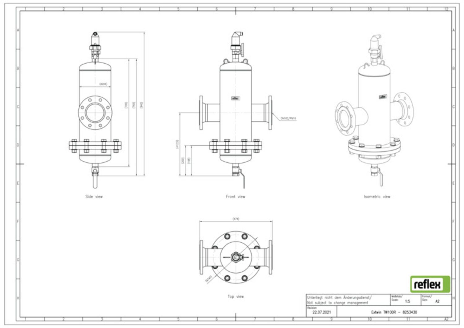 Reflex Mikroblasen-/Schlammabscheider Extwin TW 100 R, 110 GradC, 10 bar, Stahl, Flanschanschluss