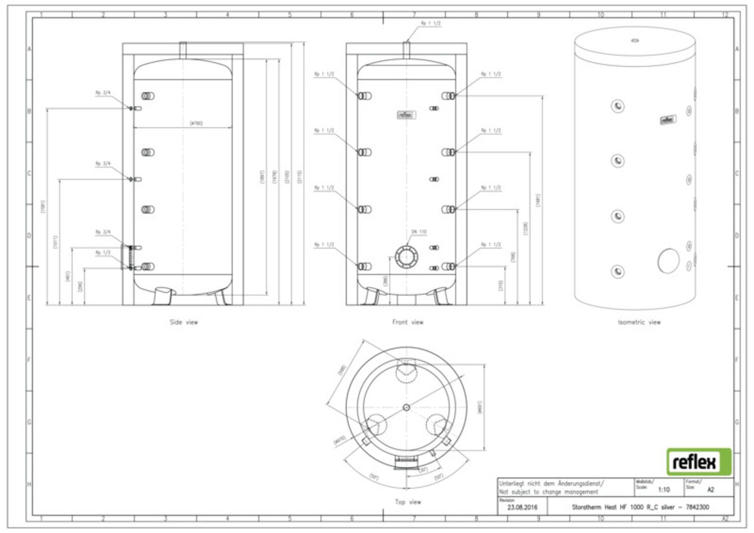 Reflex Pufferspeicher Storatherm Heat HF 1000/R_C, Ø 990 mm, 3 bar, mit Reinigungsöffnung und Isolierung, silber