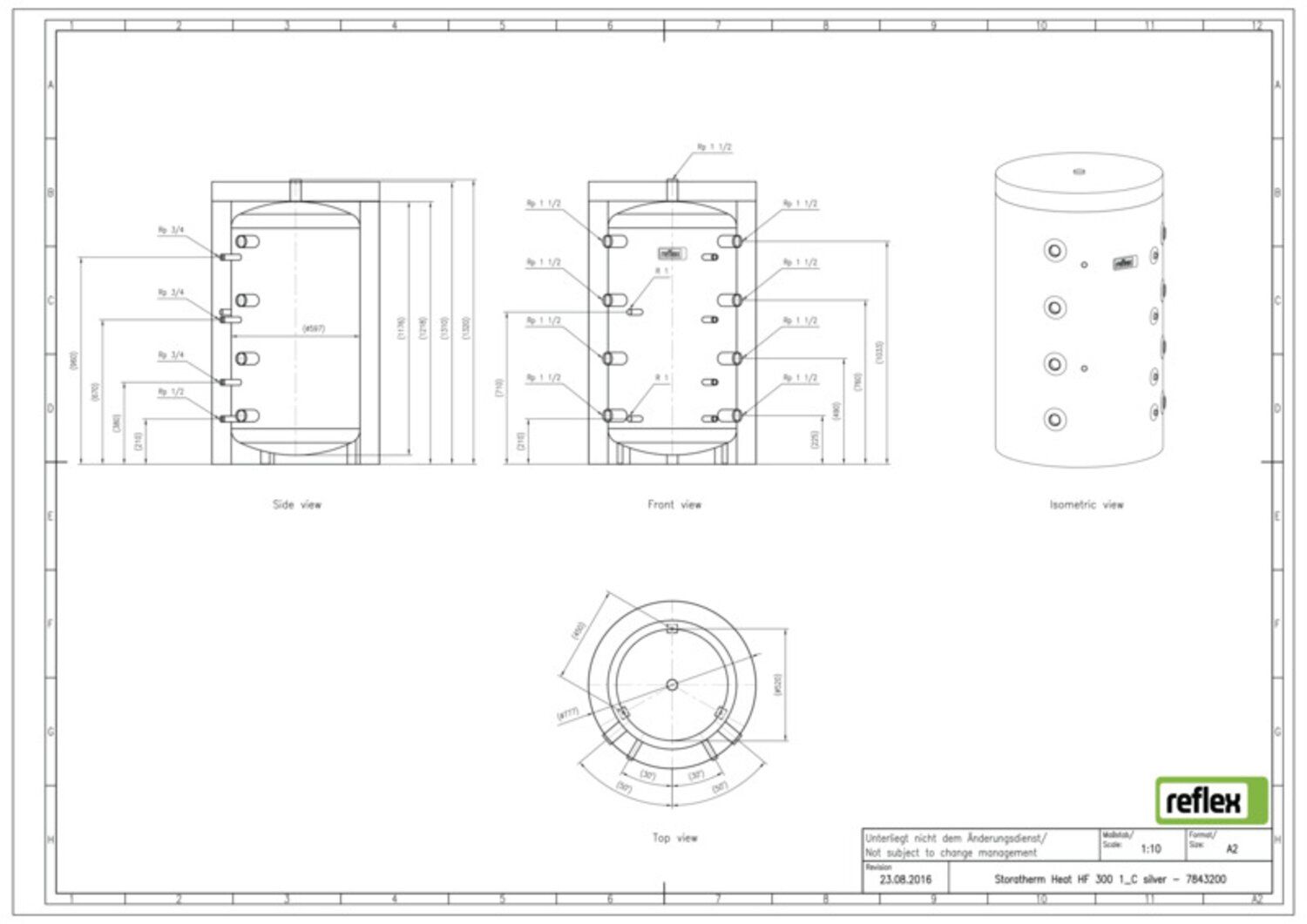 Reflex Pufferspeicher Storatherm Heat HF 300/1_C, Ø 797 mm, 3 bar, mit Isolierung und Glattrohrwärmeübertrager, silber